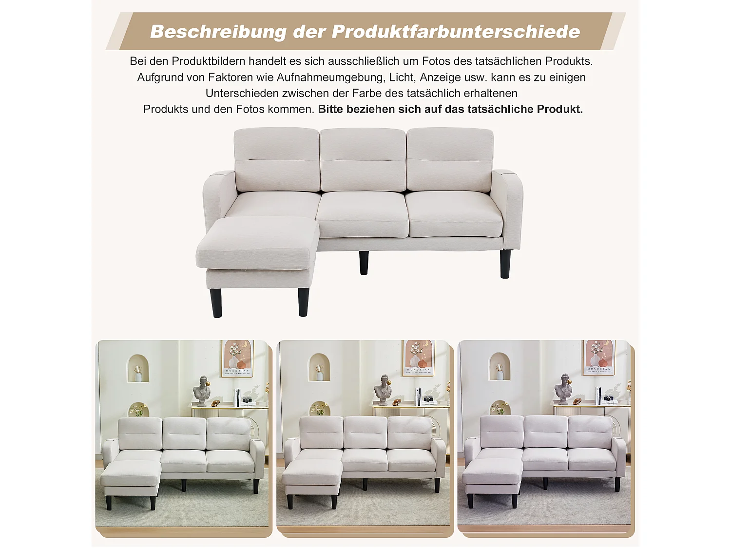Divano angolare a 3 posti con chaise longue, cuscini sfoderabili e 6 tasche portaoggetti - Tessuto non tessuto/schiuma - 204 x 136 x 80 cm - Beige