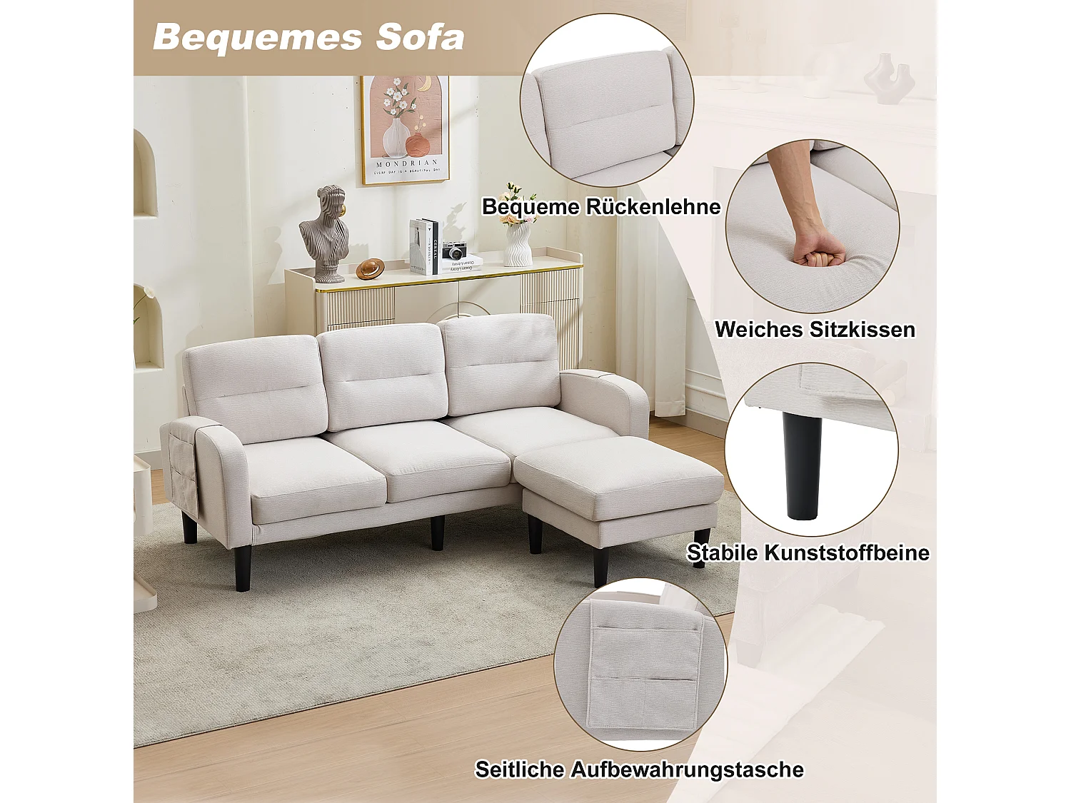 Divano angolare a 3 posti con chaise longue, cuscini sfoderabili e 6 tasche portaoggetti - Tessuto non tessuto/schiuma - 204 x 136 x 80 cm - Beige