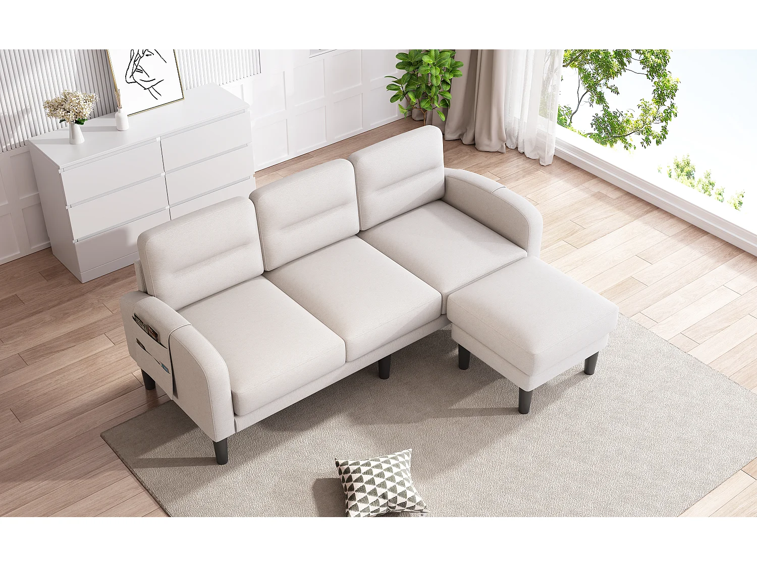 Divano angolare a 3 posti con chaise longue, cuscini sfoderabili e 6 tasche portaoggetti - Tessuto non tessuto/schiuma - 204 x 136 x 80 cm - Beige