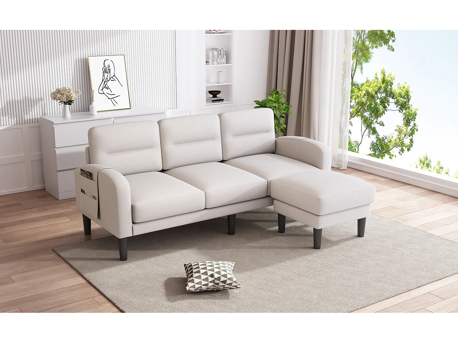 Divano angolare a 3 posti con chaise longue, cuscini sfoderabili e 6 tasche portaoggetti - Tessuto non tessuto/schiuma - 204 x 136 x 80 cm - Beige
