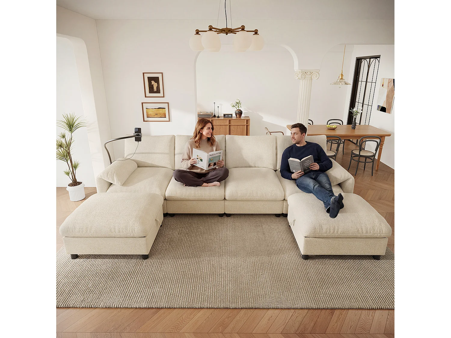 Modułowa sofa narożna 6-osobowa z 2 pufami ze schowkiem, portami USB/typu C i uchwytem na telefon - Chenille - 273,5 x 133 x 81 cm - Szara