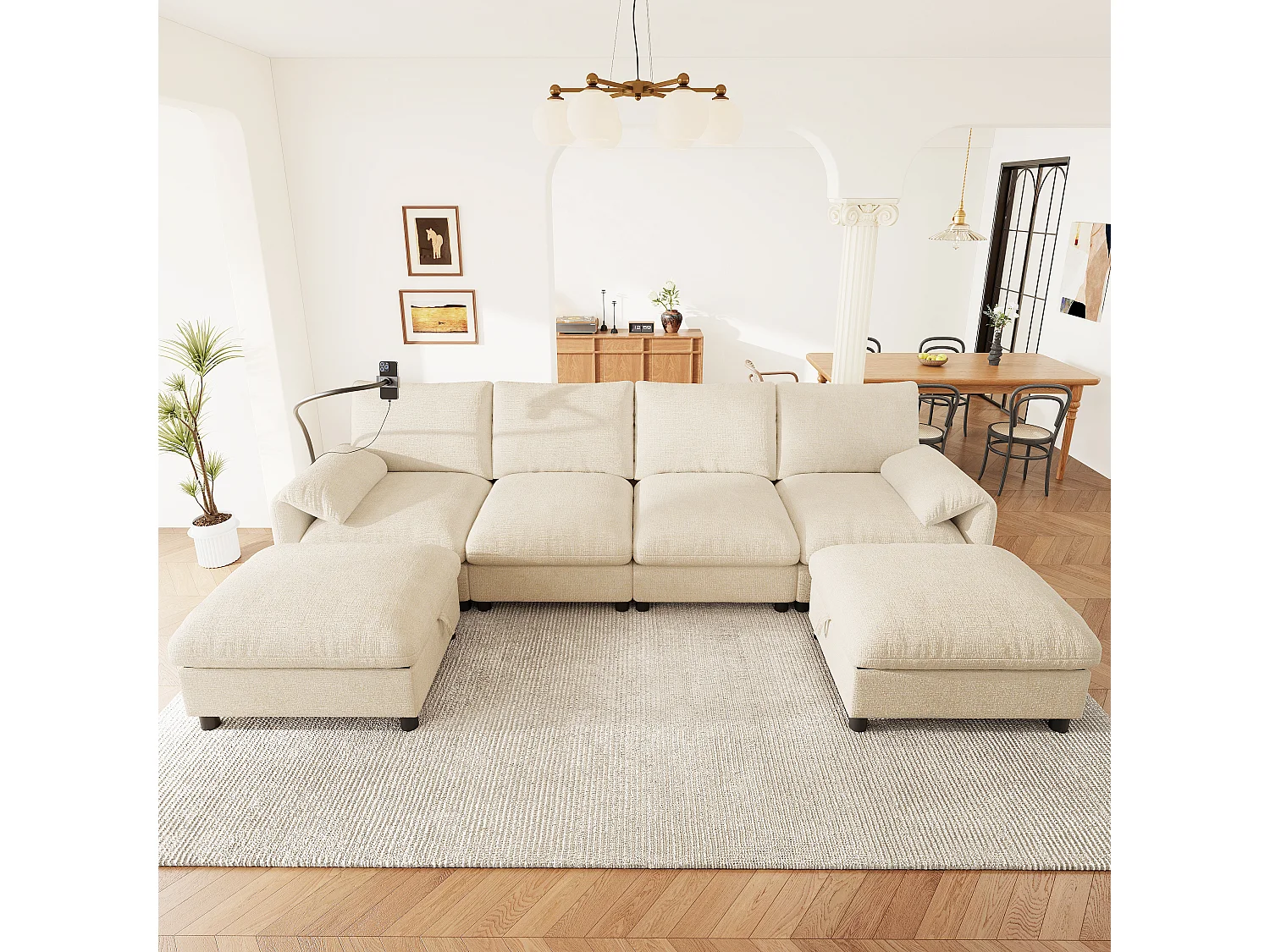 Modułowa sofa narożna 6-osobowa z 2 pufami ze schowkiem, portami USB/typu C i uchwytem na telefon - Chenille - 273,5 x 133 x 81 cm - Szara