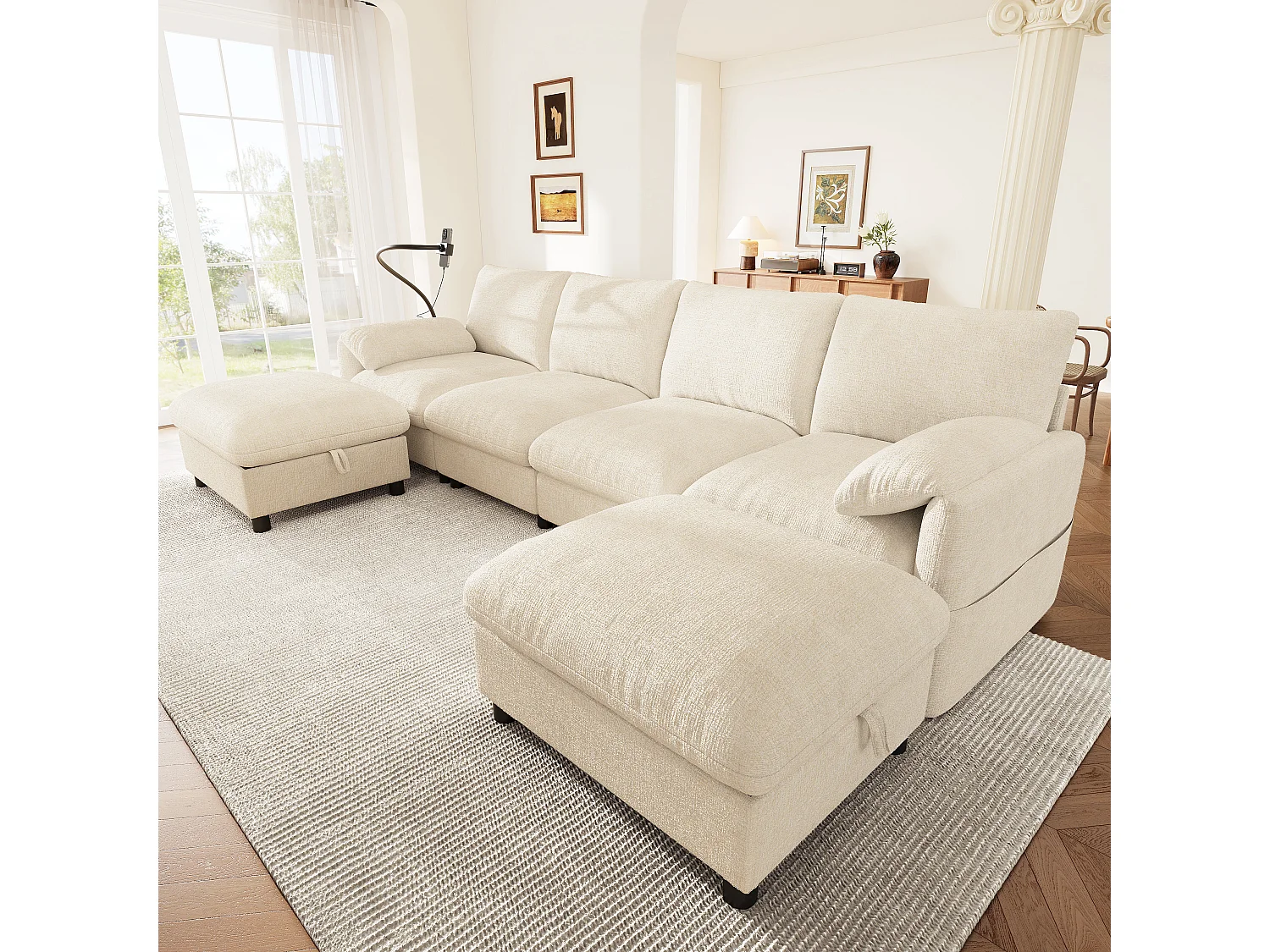 Modułowa sofa narożna 6-osobowa z 2 pufami ze schowkiem, portami USB/typu C i uchwytem na telefon - Chenille - 273,5 x 133 x 81 cm - Szara