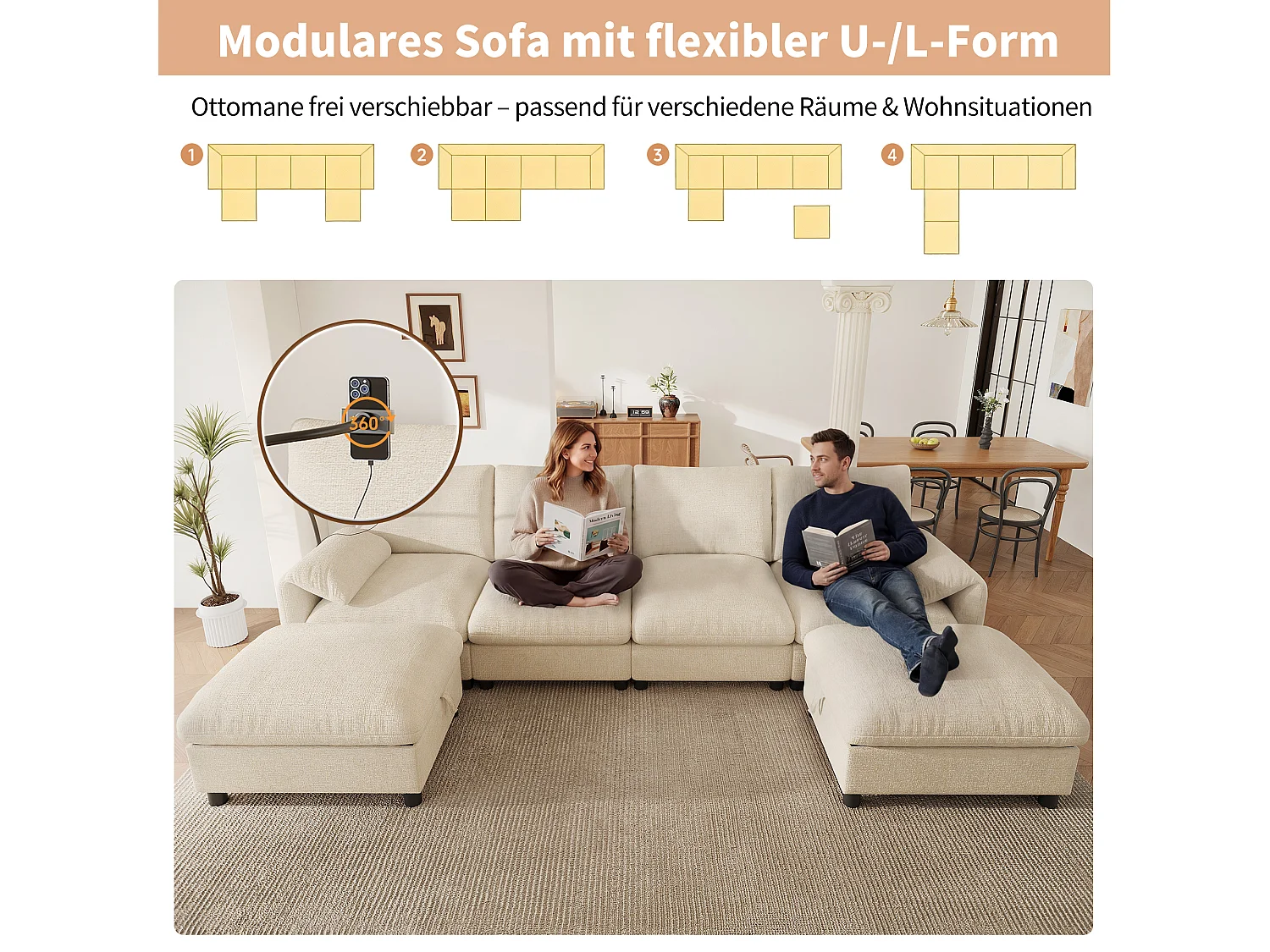 Modułowa sofa narożna 6-osobowa z 2 pufami ze schowkiem, portami USB/typu C i uchwytem na telefon - Chenille - 273,5 x 133 x 81 cm - Szara