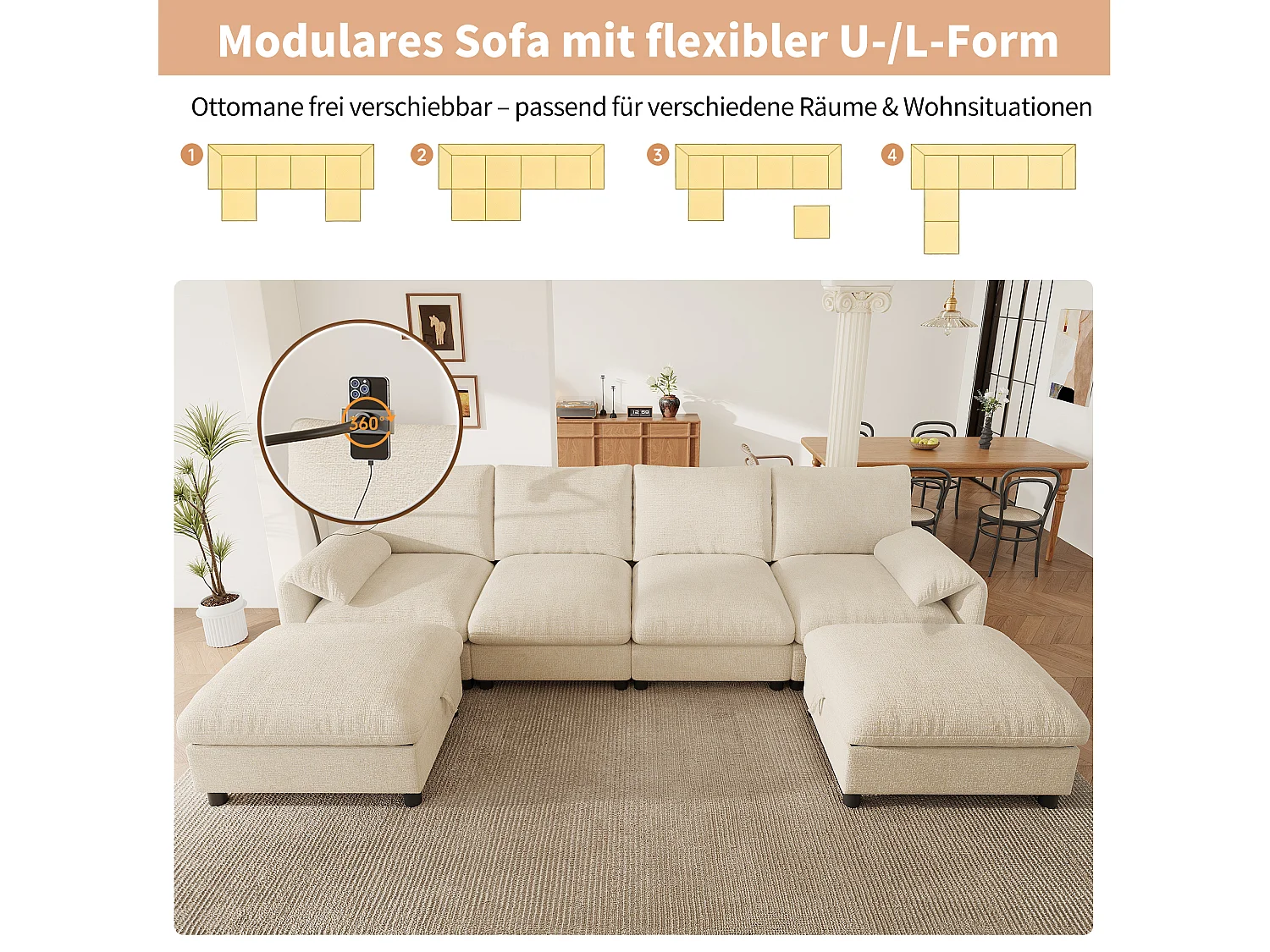 Modułowa sofa narożna 6-osobowa z 2 pufami ze schowkiem, portami USB/typu C i uchwytem na telefon - Chenille - 273,5 x 133 x 81 cm - Szara