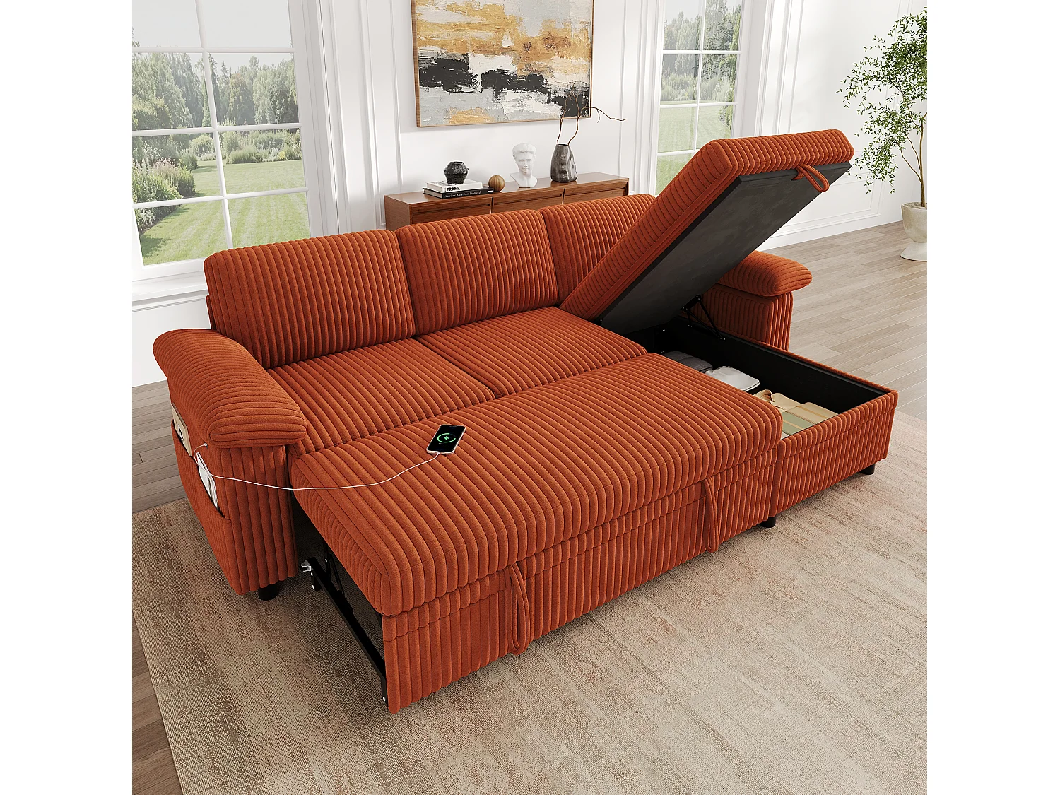 Divano letto angolare a 3 posti, chaise longue reversibile, pouf contenitore, porte USB/Type-C - Velluto a coste - Arancione