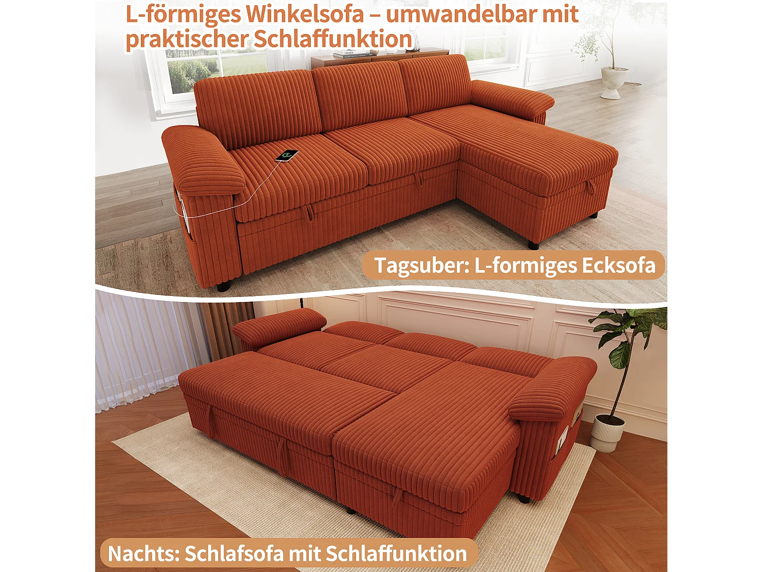 Divano letto angolare a 3 posti, chaise longue reversibile, pouf contenitore, porte USB/Type-C - Velluto a coste - Arancione
