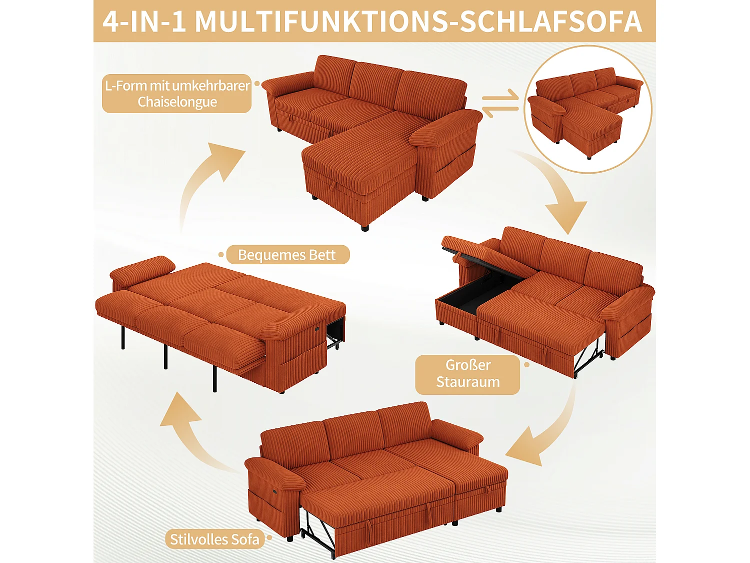 Divano letto angolare a 3 posti, chaise longue reversibile, pouf contenitore, porte USB/Type-C - Velluto a coste - Arancione