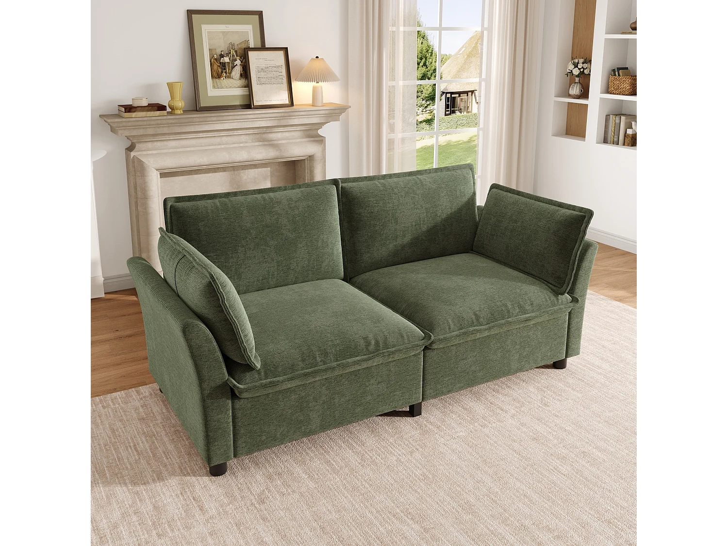 Dwuosobowa sofa z tkaniny szenilowej z dwiema poduszkami – siedzisko z pianki kieszeniowej i wysokoelastycznej – 155 x 81 x 87 cm – kolor zielony