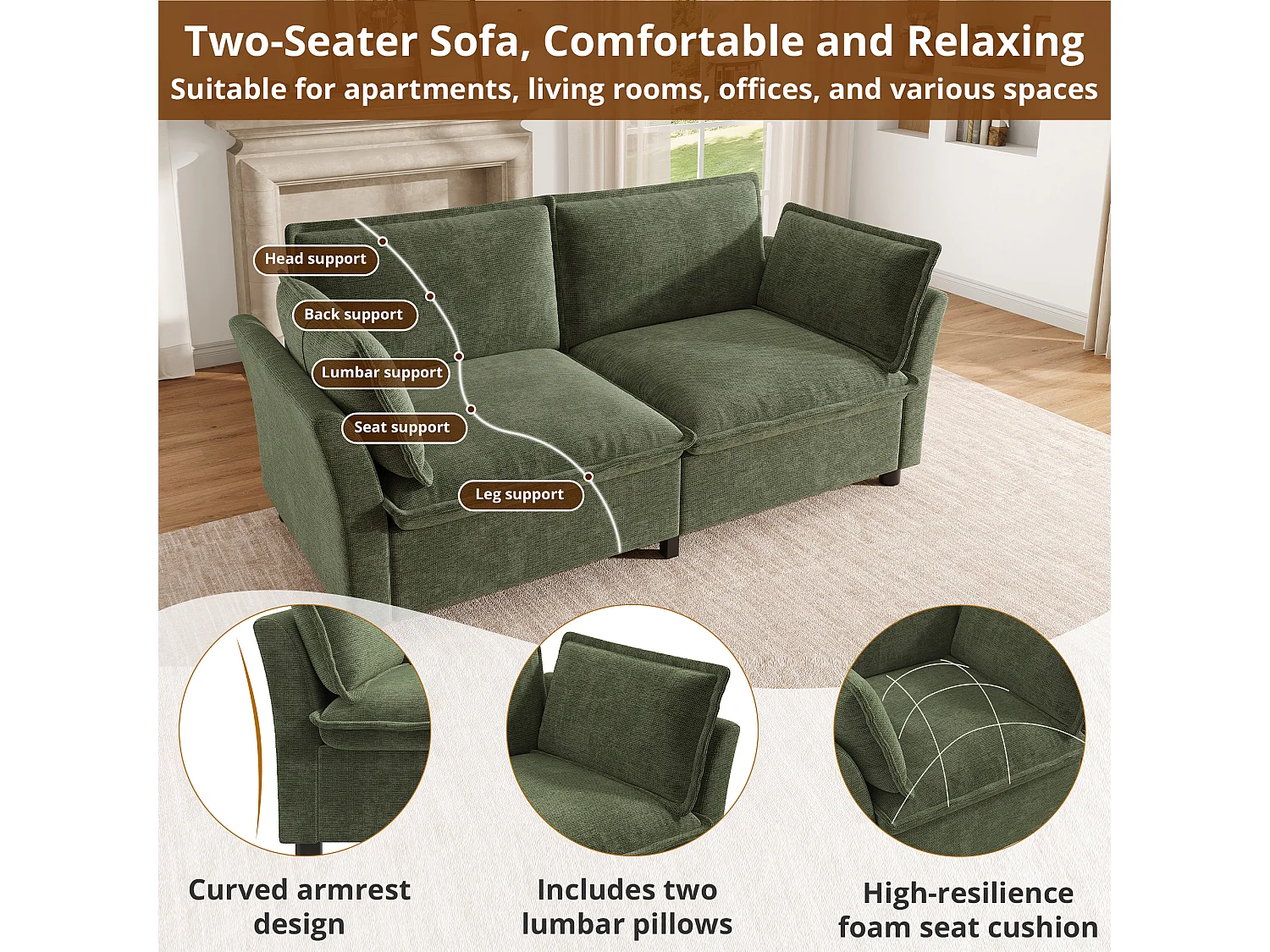 Dwuosobowa sofa z tkaniny szenilowej z dwiema poduszkami – siedzisko z pianki kieszeniowej i wysokoelastycznej – 155 x 81 x 87 cm – kolor zielony