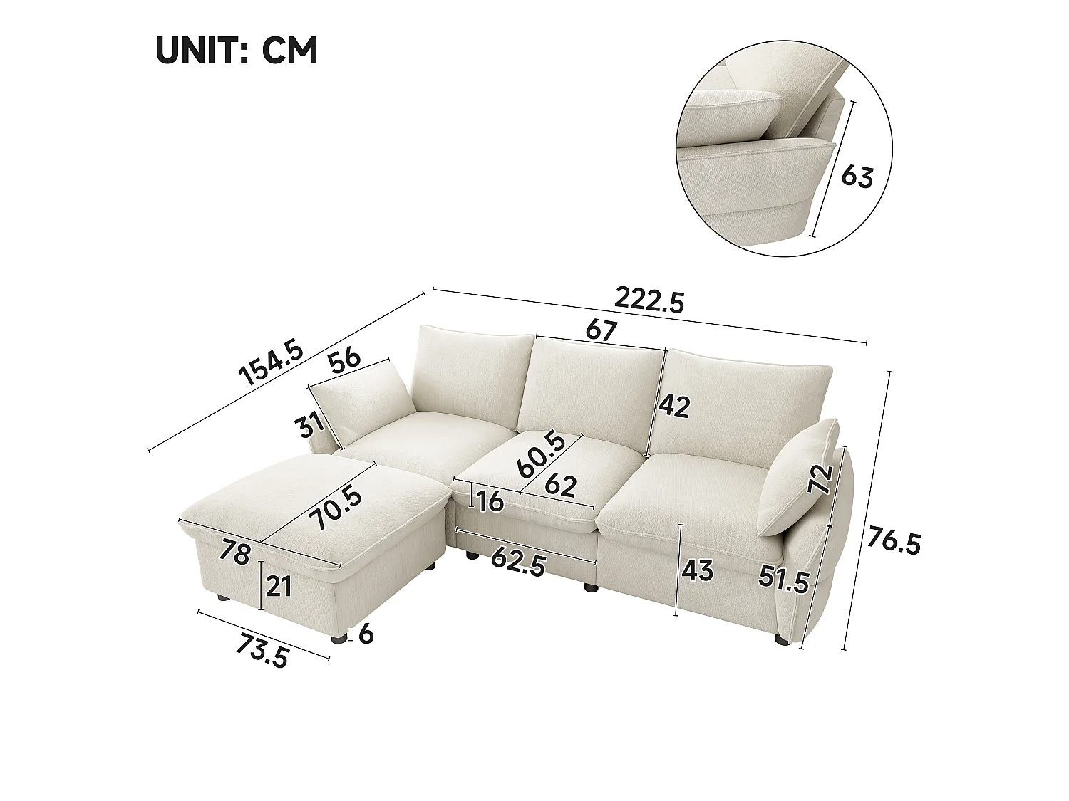 Divano angolare a L a 3 posti con poggiapiedi incluso - Ciniglia - 222,5 x 154,5 x 76,5 cm - Beige