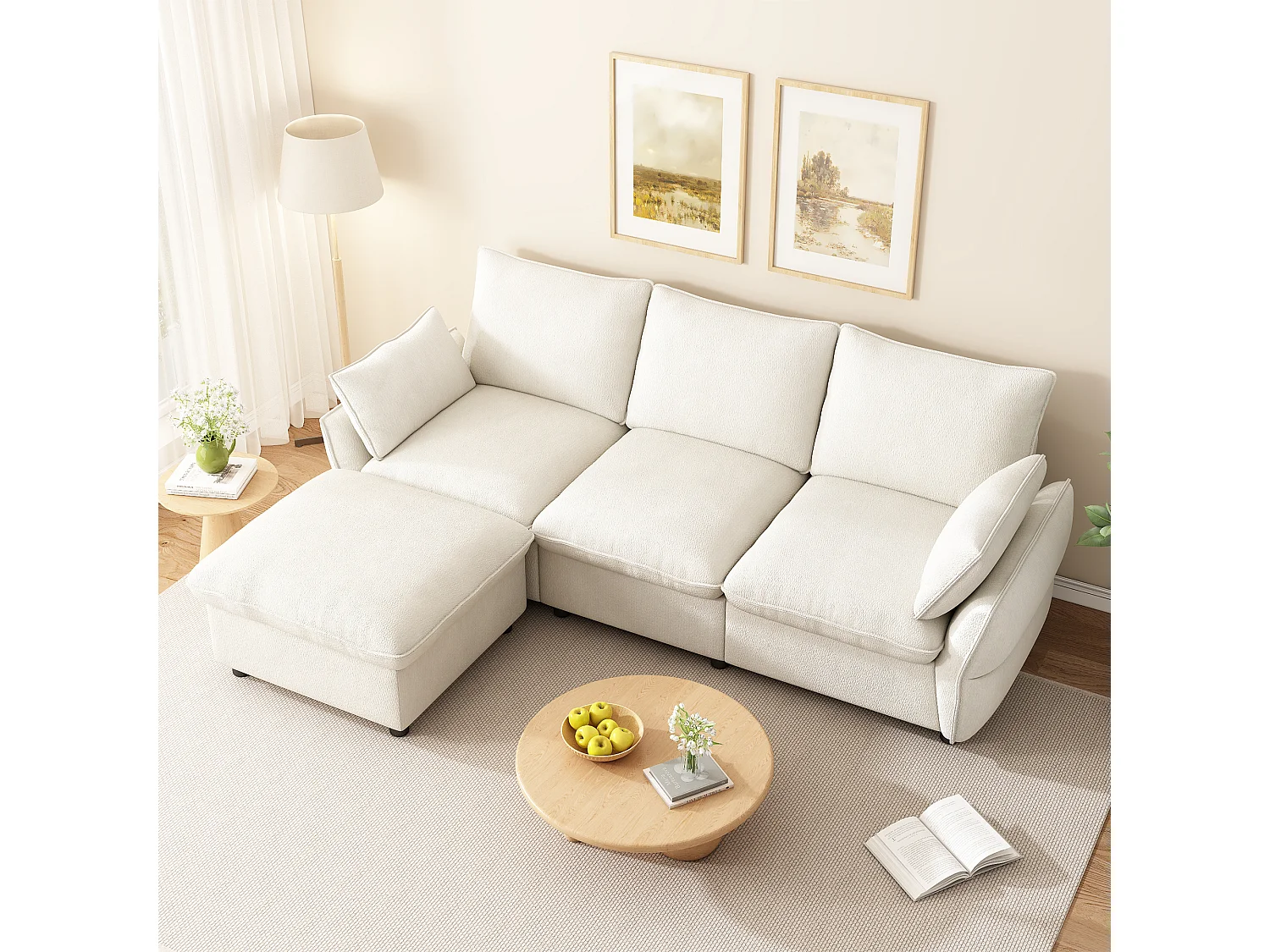 Divano angolare a L a 3 posti con poggiapiedi incluso - Ciniglia - 222,5 x 154,5 x 76,5 cm - Beige