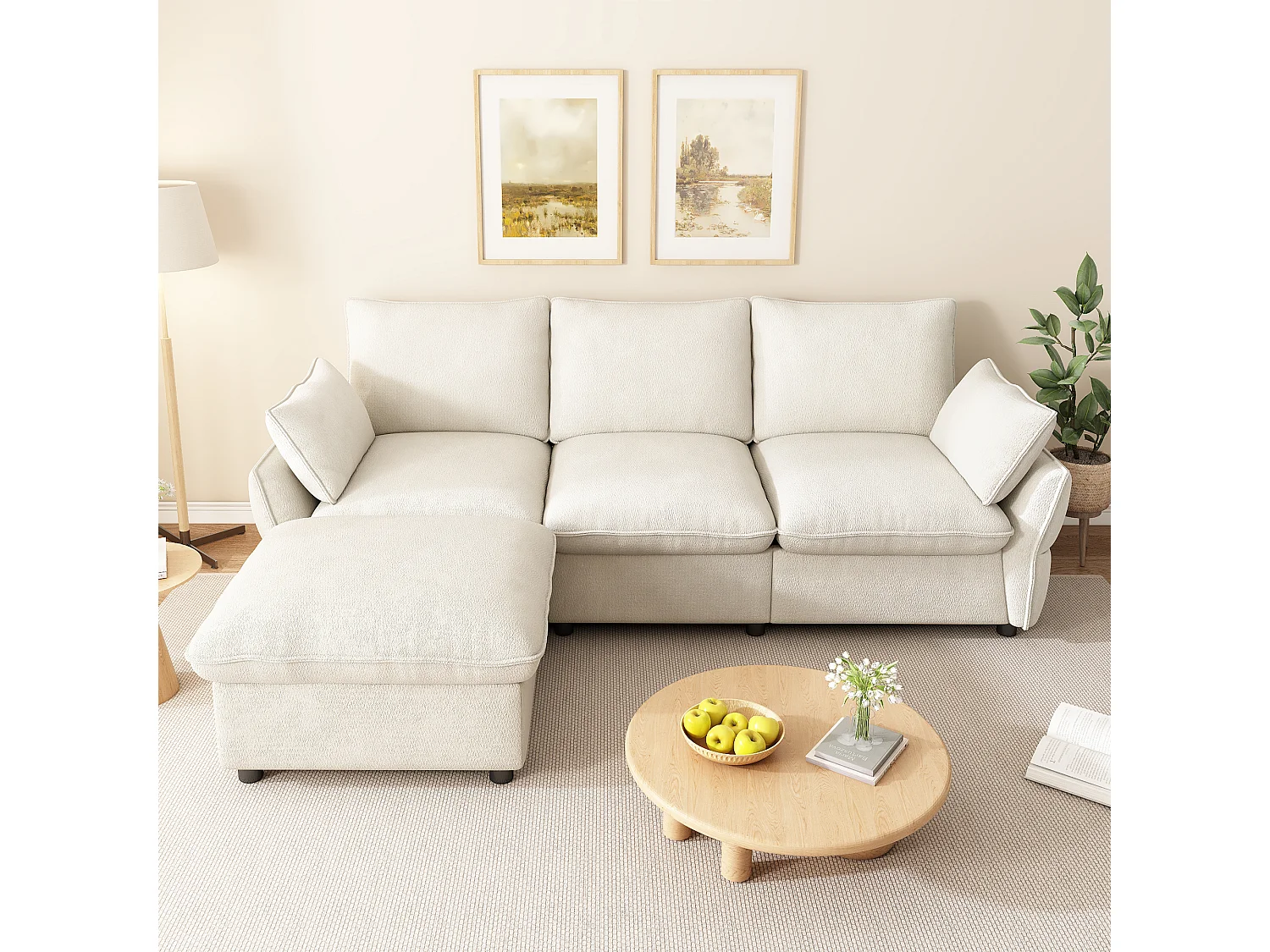 Divano angolare a L a 3 posti con poggiapiedi incluso - Ciniglia - 222,5 x 154,5 x 76,5 cm - Beige