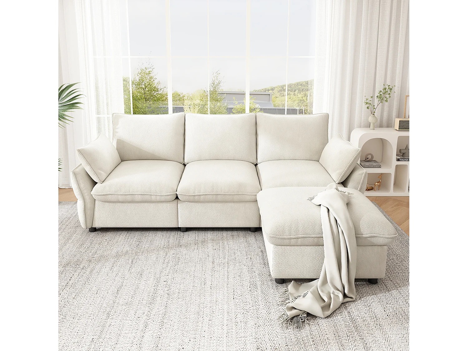 Divano angolare a L a 3 posti con poggiapiedi incluso - Ciniglia - 222,5 x 154,5 x 76,5 cm - Beige