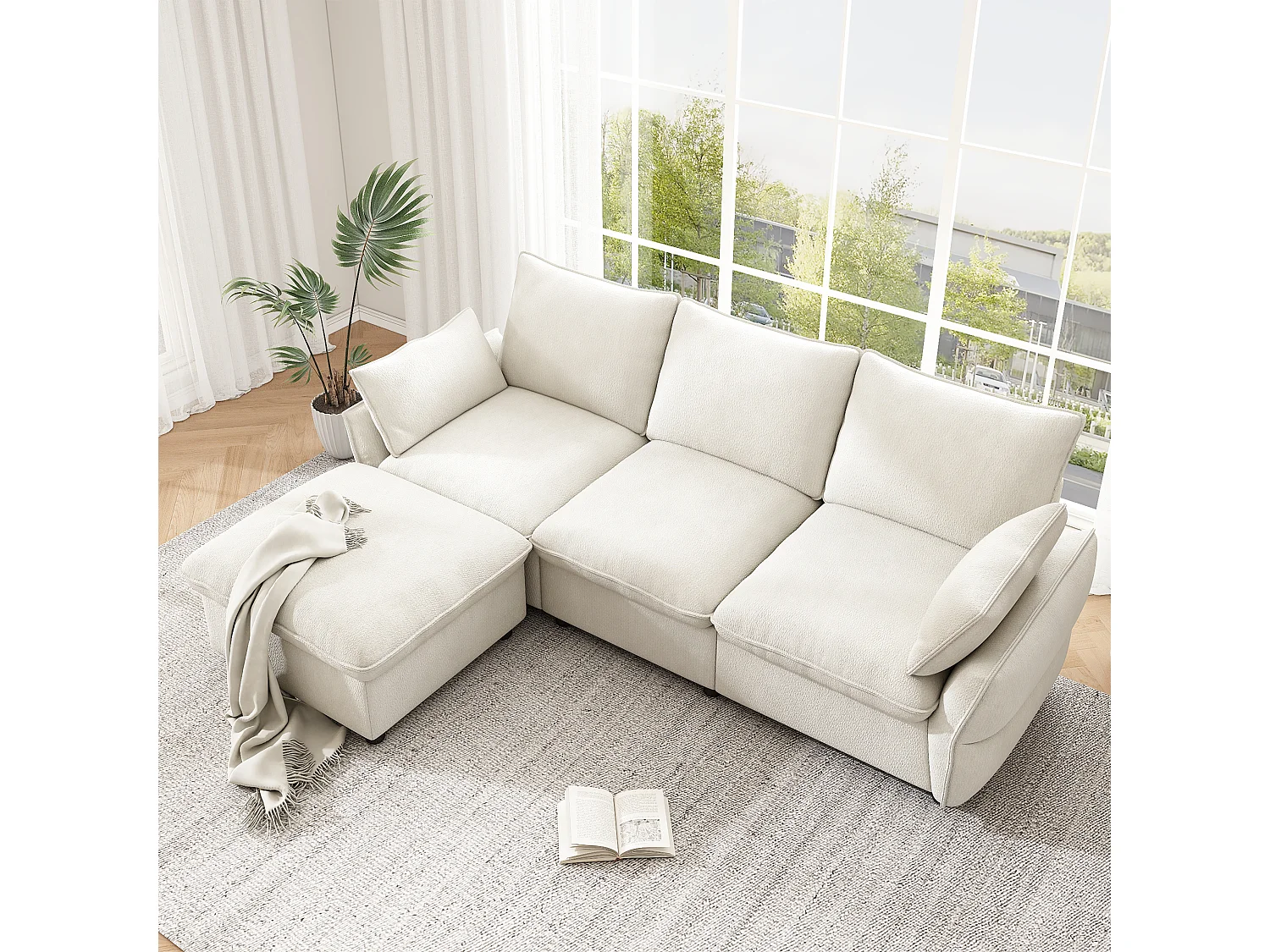 Divano angolare a L a 3 posti con poggiapiedi incluso - Ciniglia - 222,5 x 154,5 x 76,5 cm - Beige