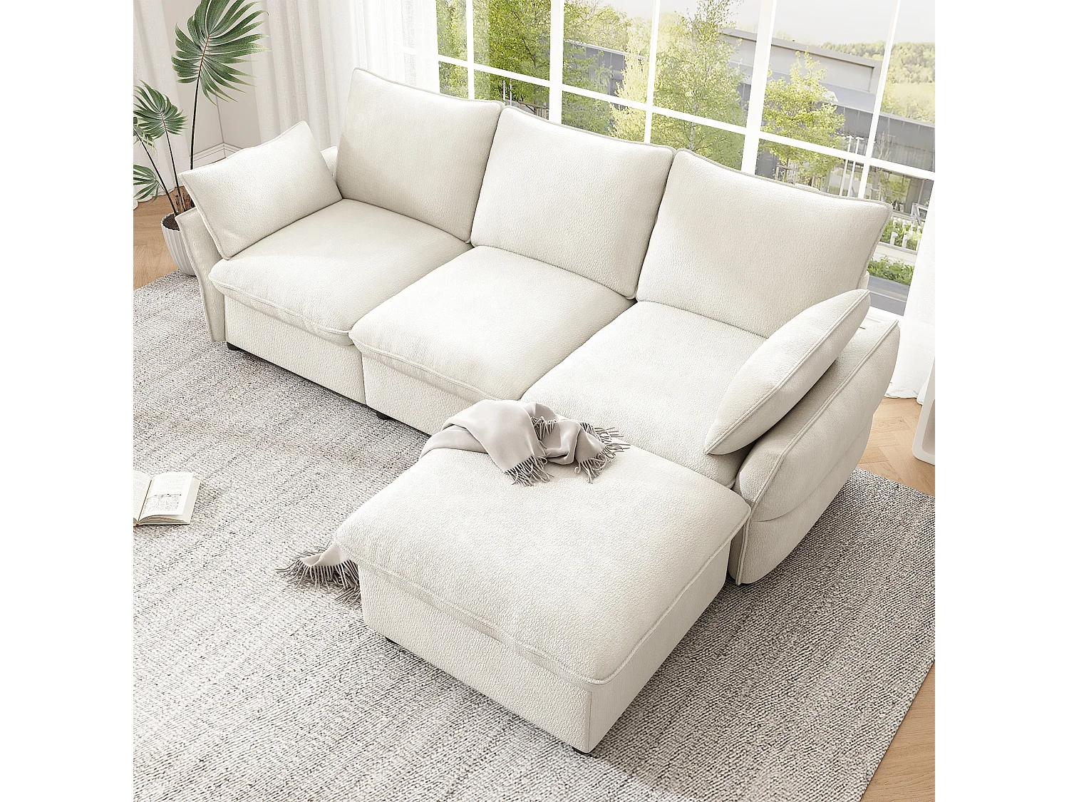 Divano angolare a L a 3 posti con poggiapiedi incluso - Ciniglia - 222,5 x 154,5 x 76,5 cm - Beige