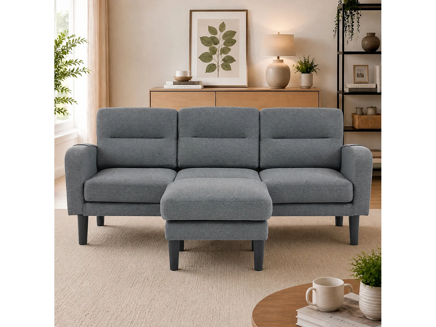 3-Sitzer-Ecksofa mit Chaiselongue, abnehmbaren Kissen und 6 Stautaschen – Vliesstoff/Schaumstoff – 204 x 136 x 80 cm – Grau