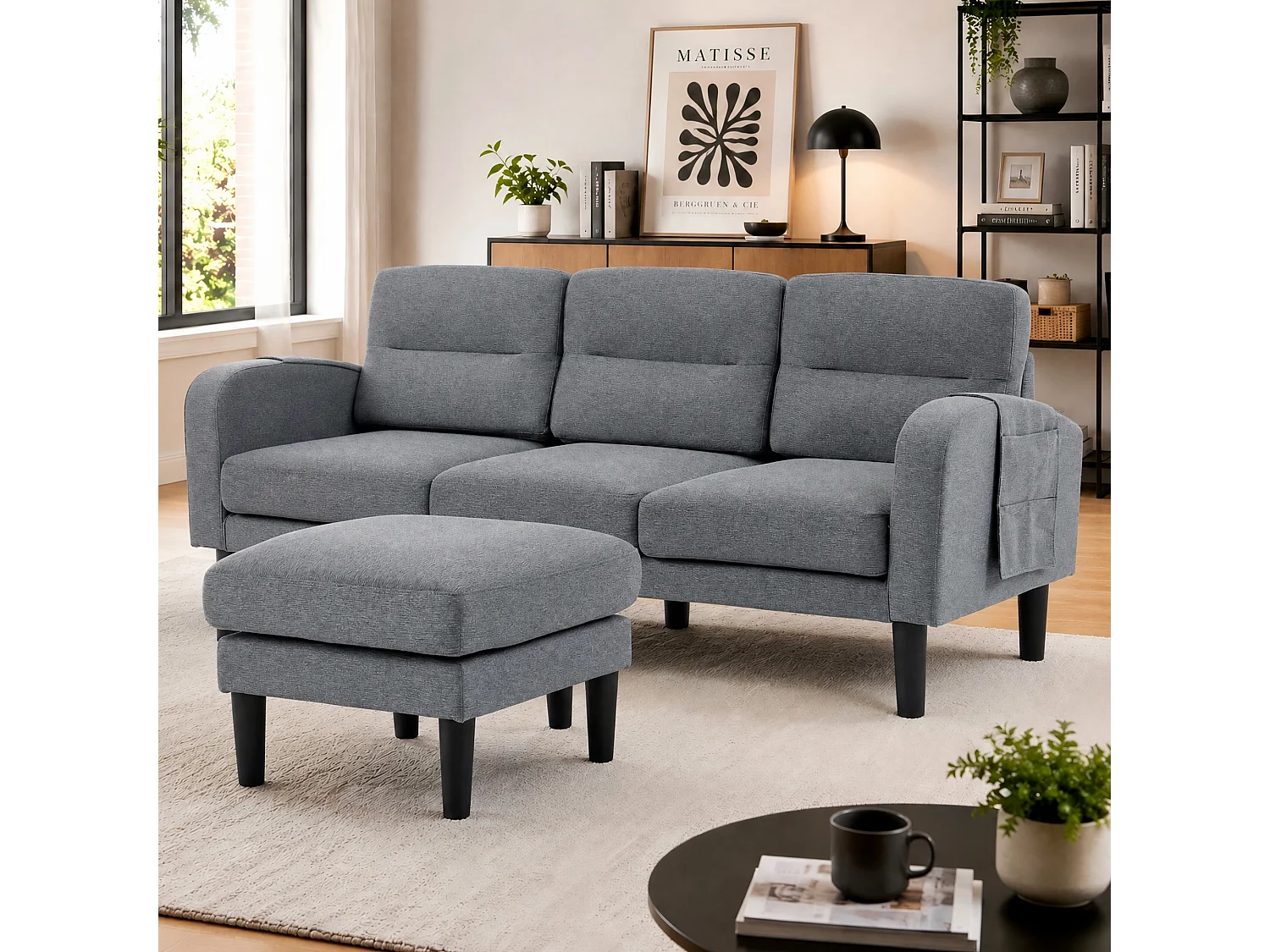 3-Sitzer-Ecksofa mit Chaiselongue, abnehmbaren Kissen und 6 Stautaschen – Vliesstoff/Schaumstoff – 204 x 136 x 80 cm – Grau