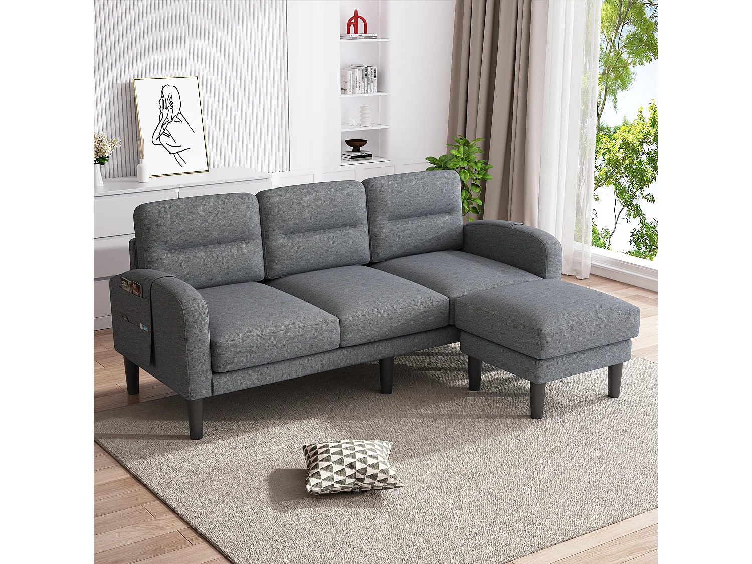 3-Sitzer-Ecksofa mit Chaiselongue, abnehmbaren Kissen und 6 Stautaschen – Vliesstoff/Schaumstoff – 204 x 136 x 80 cm – Grau