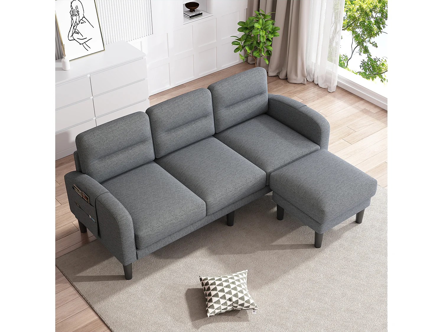 3-Sitzer-Ecksofa mit Chaiselongue, abnehmbaren Kissen und 6 Stautaschen – Vliesstoff/Schaumstoff – 204 x 136 x 80 cm – Grau