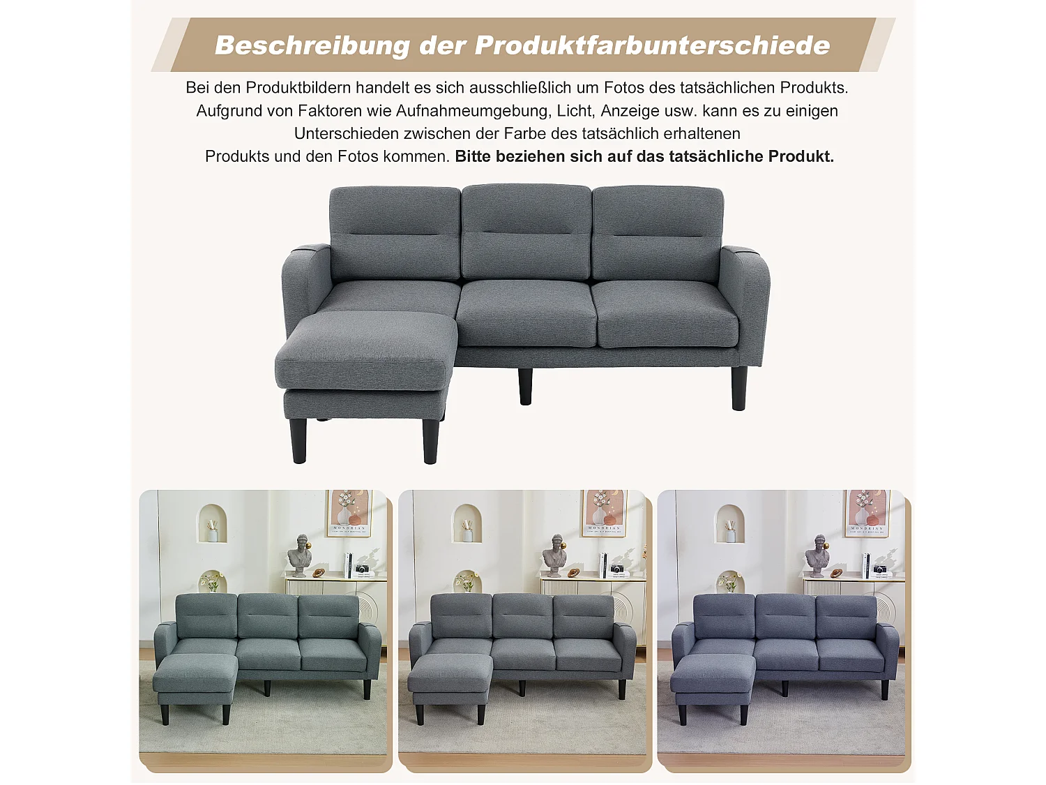 3-Sitzer-Ecksofa mit Chaiselongue, abnehmbaren Kissen und 6 Stautaschen – Vliesstoff/Schaumstoff – 204 x 136 x 80 cm – Grau