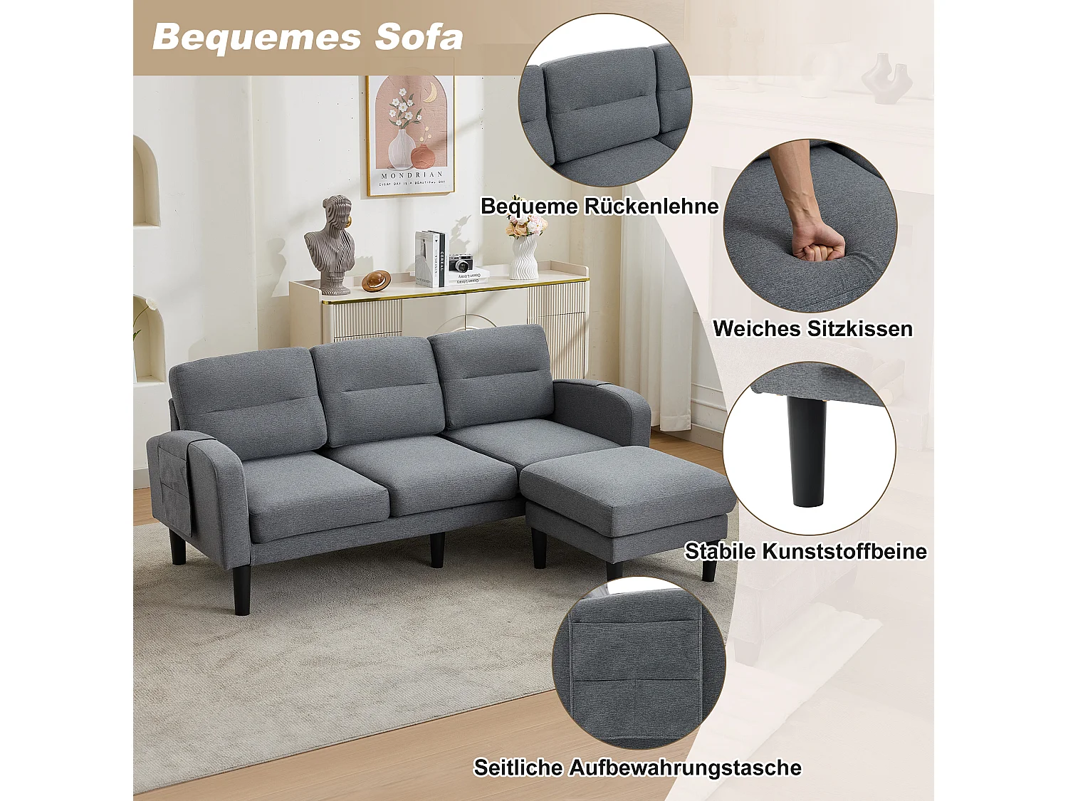 3-Sitzer-Ecksofa mit Chaiselongue, abnehmbaren Kissen und 6 Stautaschen – Vliesstoff/Schaumstoff – 204 x 136 x 80 cm – Grau