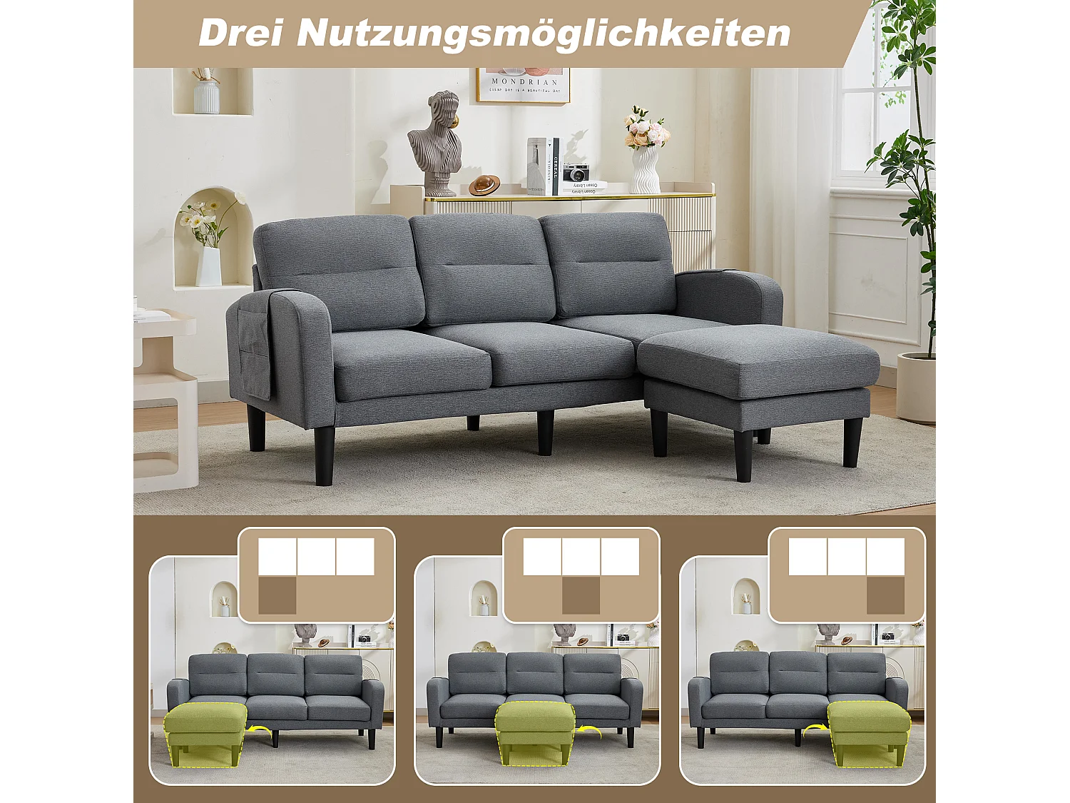3-Sitzer-Ecksofa mit Chaiselongue, abnehmbaren Kissen und 6 Stautaschen – Vliesstoff/Schaumstoff – 204 x 136 x 80 cm – Grau