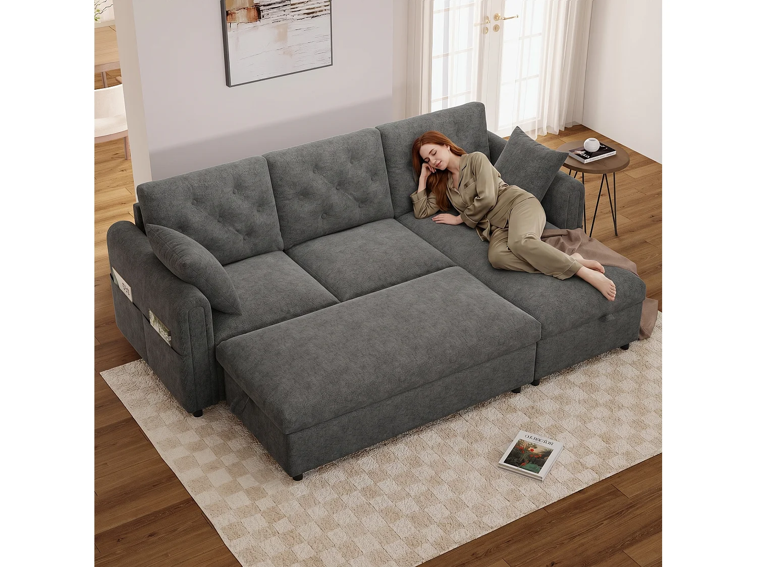 Canapé d'angle avec méridienne et pouf de rangement – Velours – Fonction couchage - 219 x 131 x 86 cm – Gris