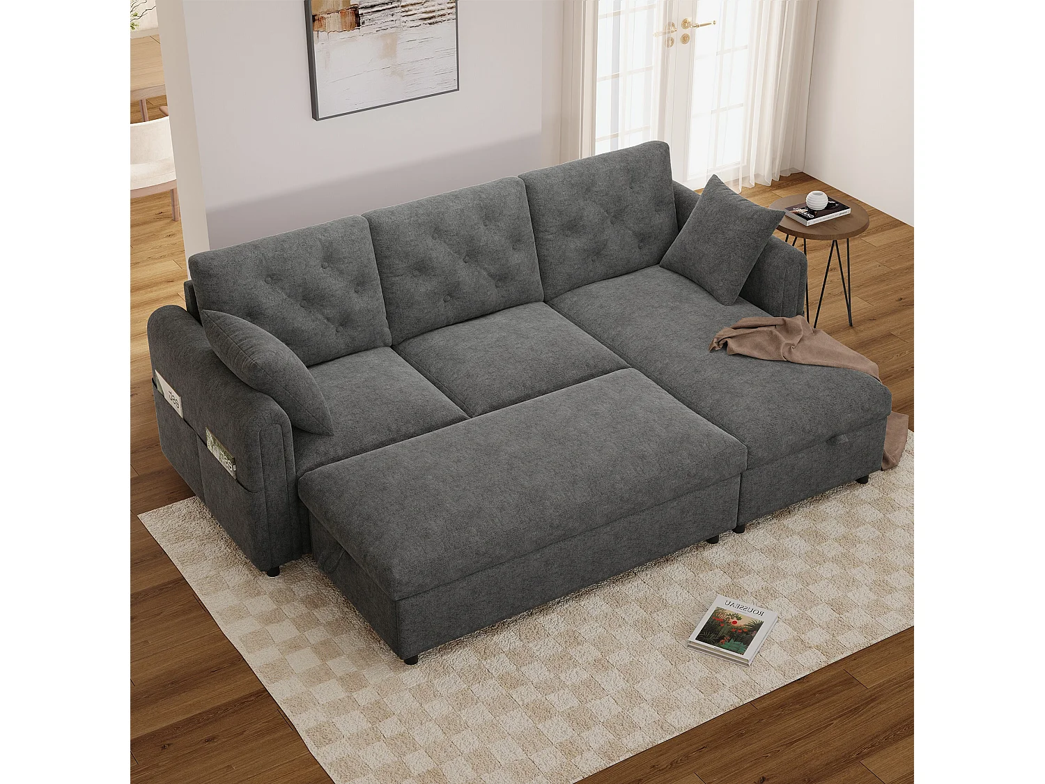 Canapé d'angle avec méridienne et pouf de rangement – Velours – Fonction couchage - 219 x 131 x 86 cm – Gris