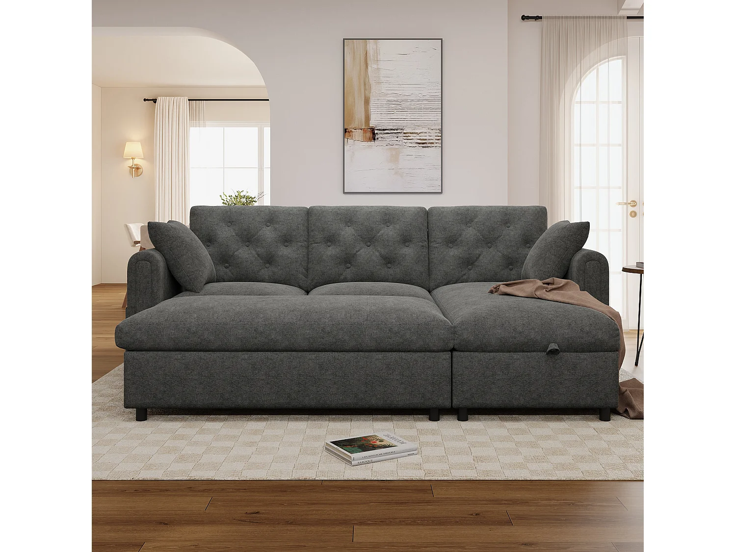 Canapé d'angle avec méridienne et pouf de rangement – Velours – Fonction couchage - 219 x 131 x 86 cm – Gris