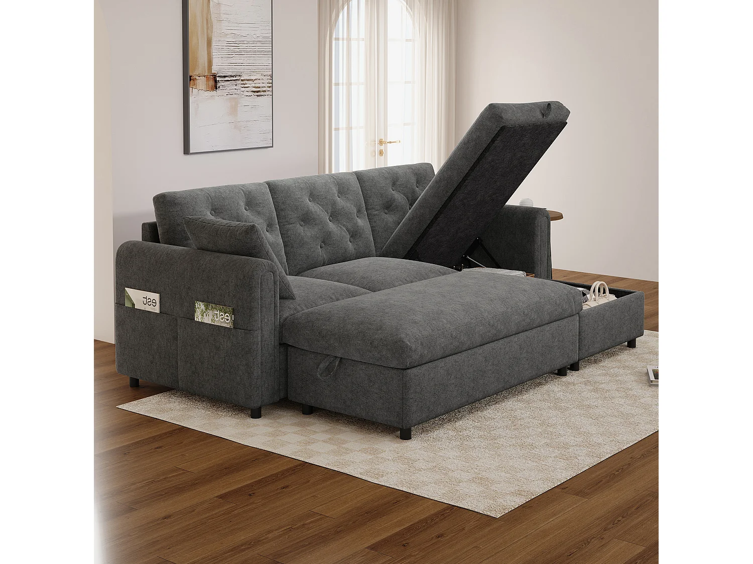 Canapé d'angle avec méridienne et pouf de rangement – Velours – Fonction couchage - 219 x 131 x 86 cm – Gris