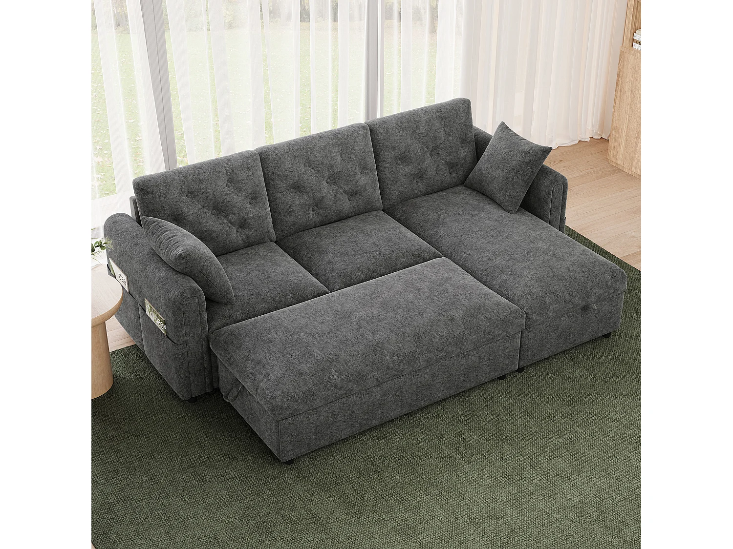 Canapé d'angle avec méridienne et pouf de rangement – Velours – Fonction couchage - 219 x 131 x 86 cm – Gris