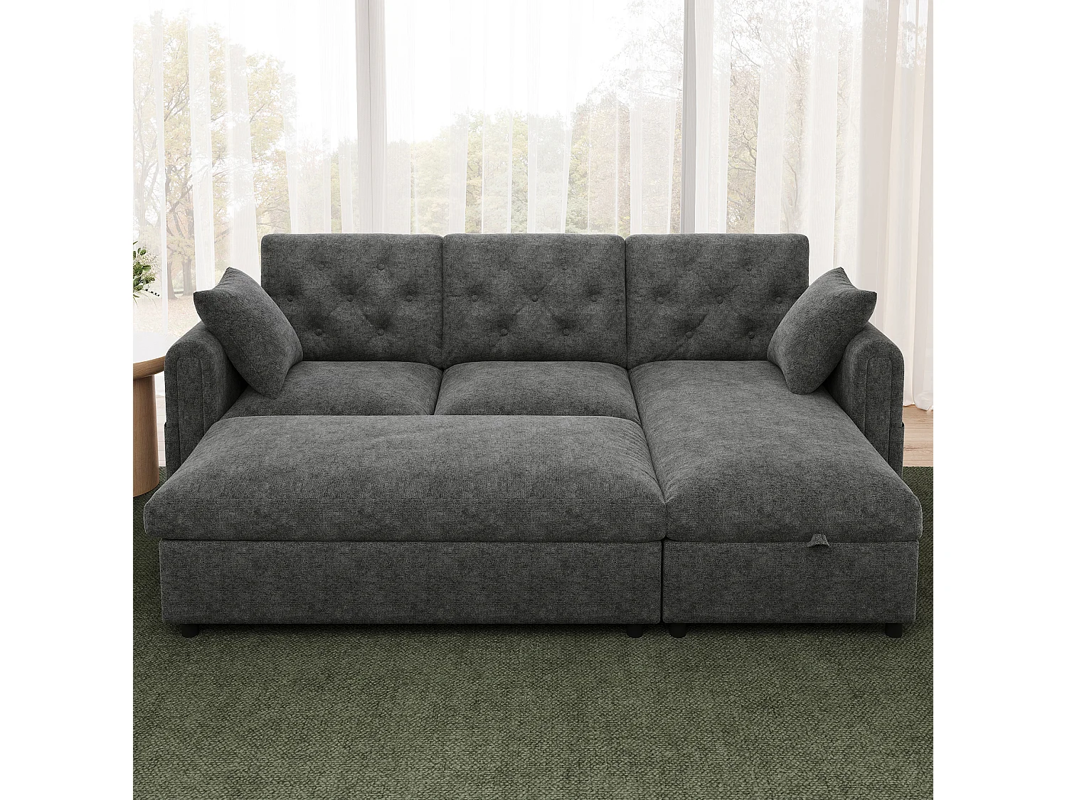 Canapé d'angle avec méridienne et pouf de rangement – Velours – Fonction couchage - 219 x 131 x 86 cm – Gris