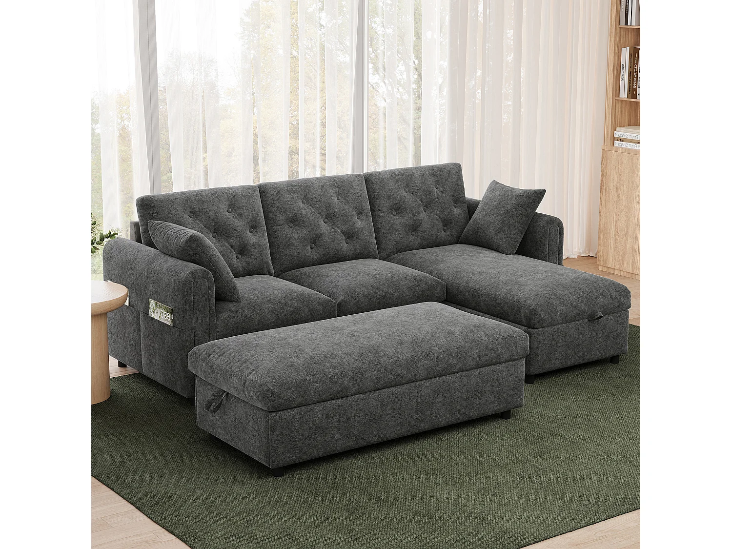 Canapé d'angle avec méridienne et pouf de rangement – Velours – Fonction couchage - 219 x 131 x 86 cm – Gris