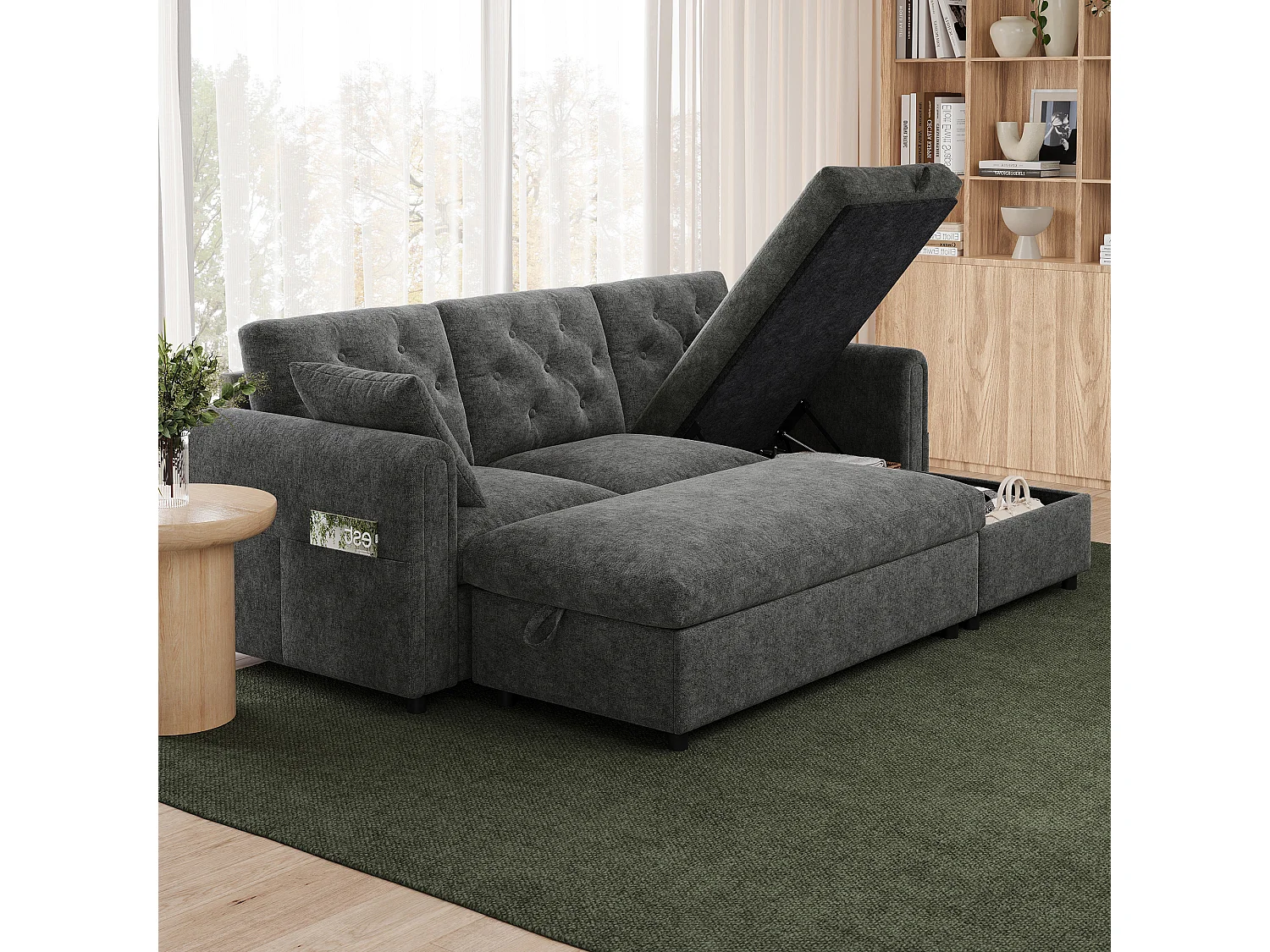 Canapé d'angle avec méridienne et pouf de rangement – Velours – Fonction couchage - 219 x 131 x 86 cm – Gris