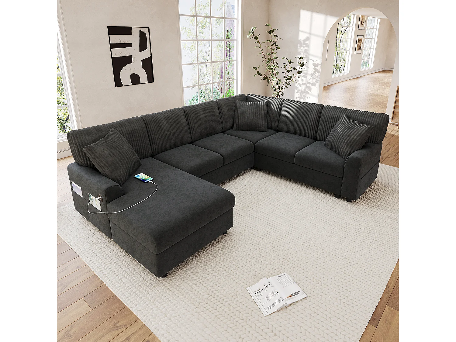 Modulares U-förmiges Ecksofa mit 3 Kissen und USB-/Typ-C-Anschlüssen – Chenille und Cord – 249 x 196 x 83 cm – Schwarz