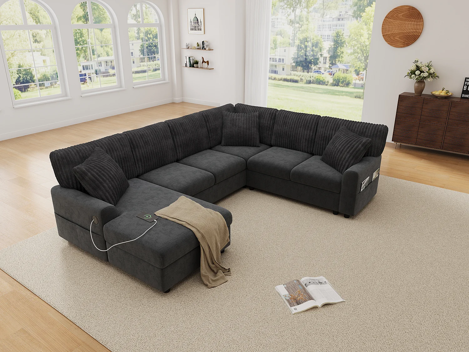 Modulares U-förmiges Ecksofa mit 3 Kissen und USB-/Typ-C-Anschlüssen – Chenille und Cord – 249 x 196 x 83 cm – Schwarz