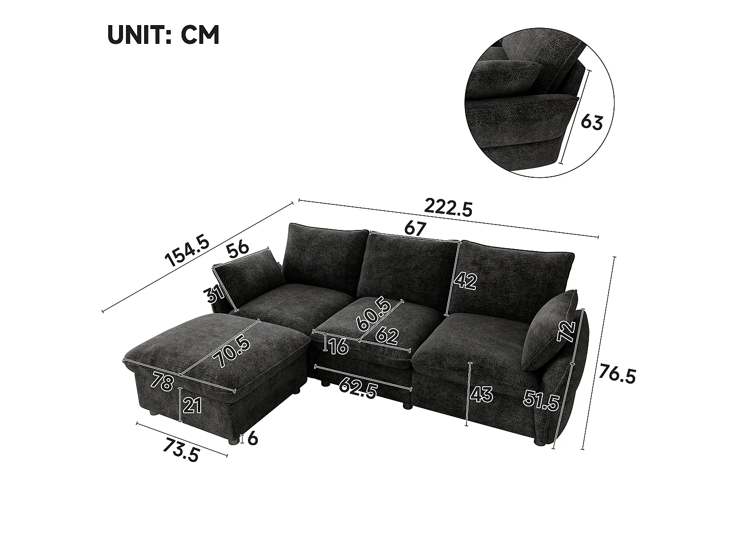 3-Sitzer-Ecksofa in L-Form mit modularem Hocker, 3-Sitzer-Sofa – Chenille – 222,5 x 154,5 x 76,5 cm – Dunkelgrau
