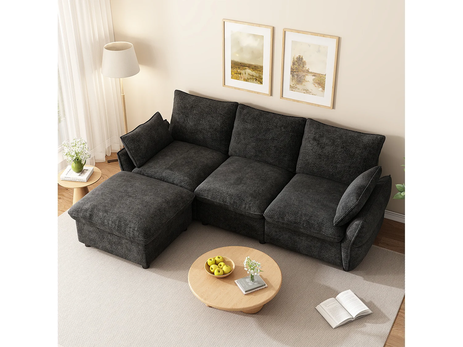 3-Sitzer-Ecksofa in L-Form mit modularem Hocker, 3-Sitzer-Sofa – Chenille – 222,5 x 154,5 x 76,5 cm – Dunkelgrau