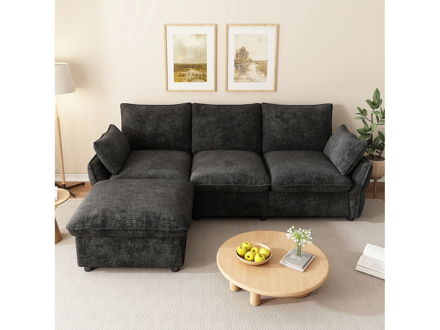 3-Sitzer-Ecksofa in L-Form mit modularem Hocker, 3-Sitzer-Sofa – Chenille – 222,5 x 154,5 x 76,5 cm – Dunkelgrau