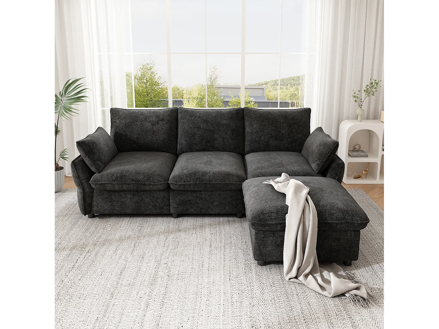 3-Sitzer-Ecksofa in L-Form mit modularem Hocker, 3-Sitzer-Sofa – Chenille – 222,5 x 154,5 x 76,5 cm – Dunkelgrau