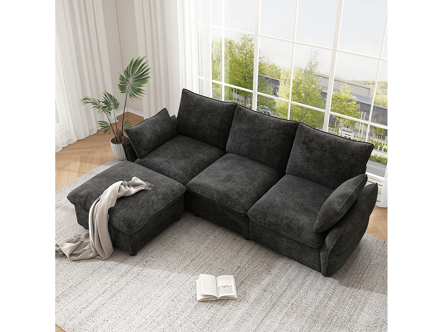 3-Sitzer-Ecksofa in L-Form mit modularem Hocker, 3-Sitzer-Sofa – Chenille – 222,5 x 154,5 x 76,5 cm – Dunkelgrau