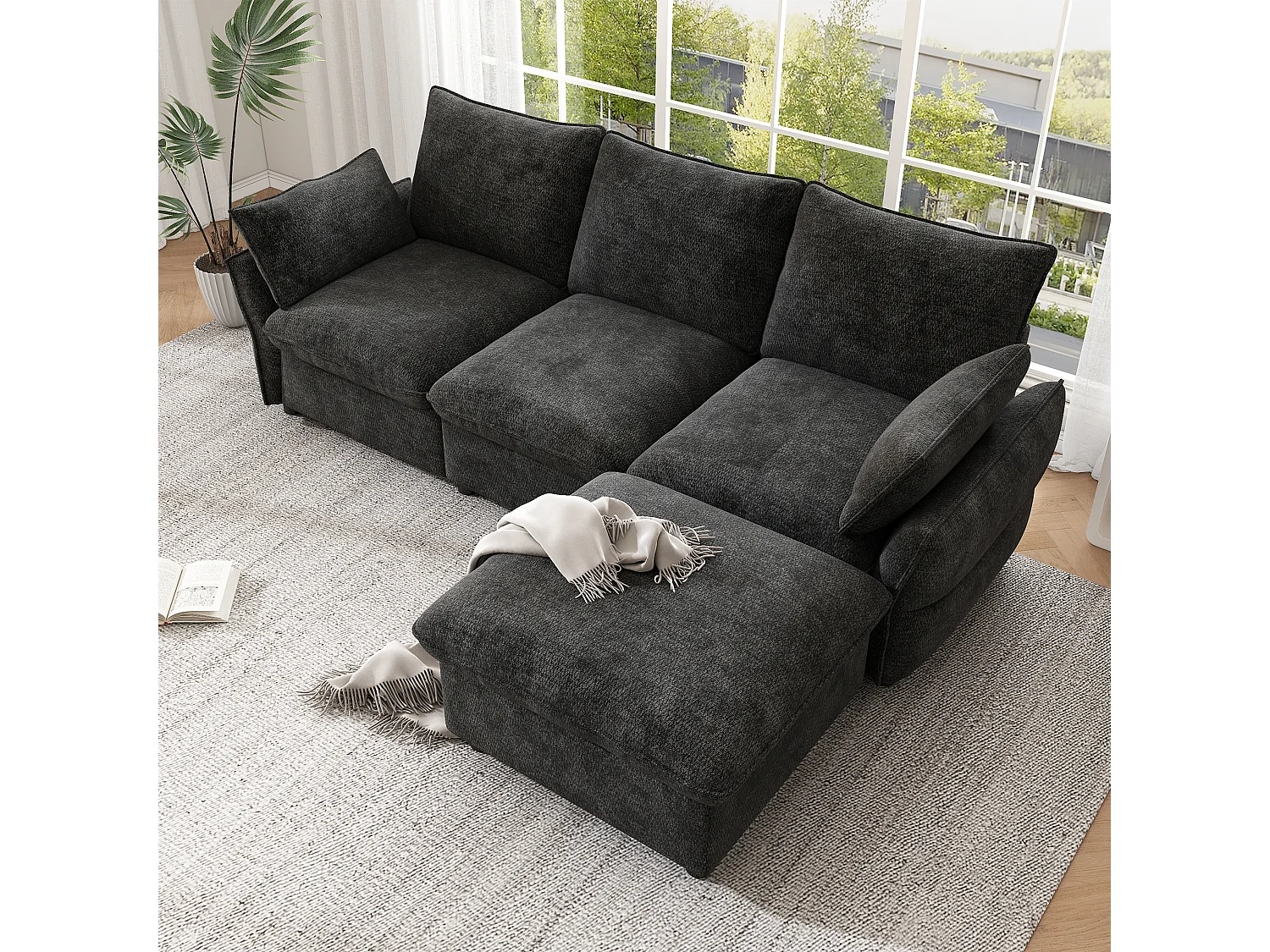 3-Sitzer-Ecksofa in L-Form mit modularem Hocker, 3-Sitzer-Sofa – Chenille – 222,5 x 154,5 x 76,5 cm – Dunkelgrau