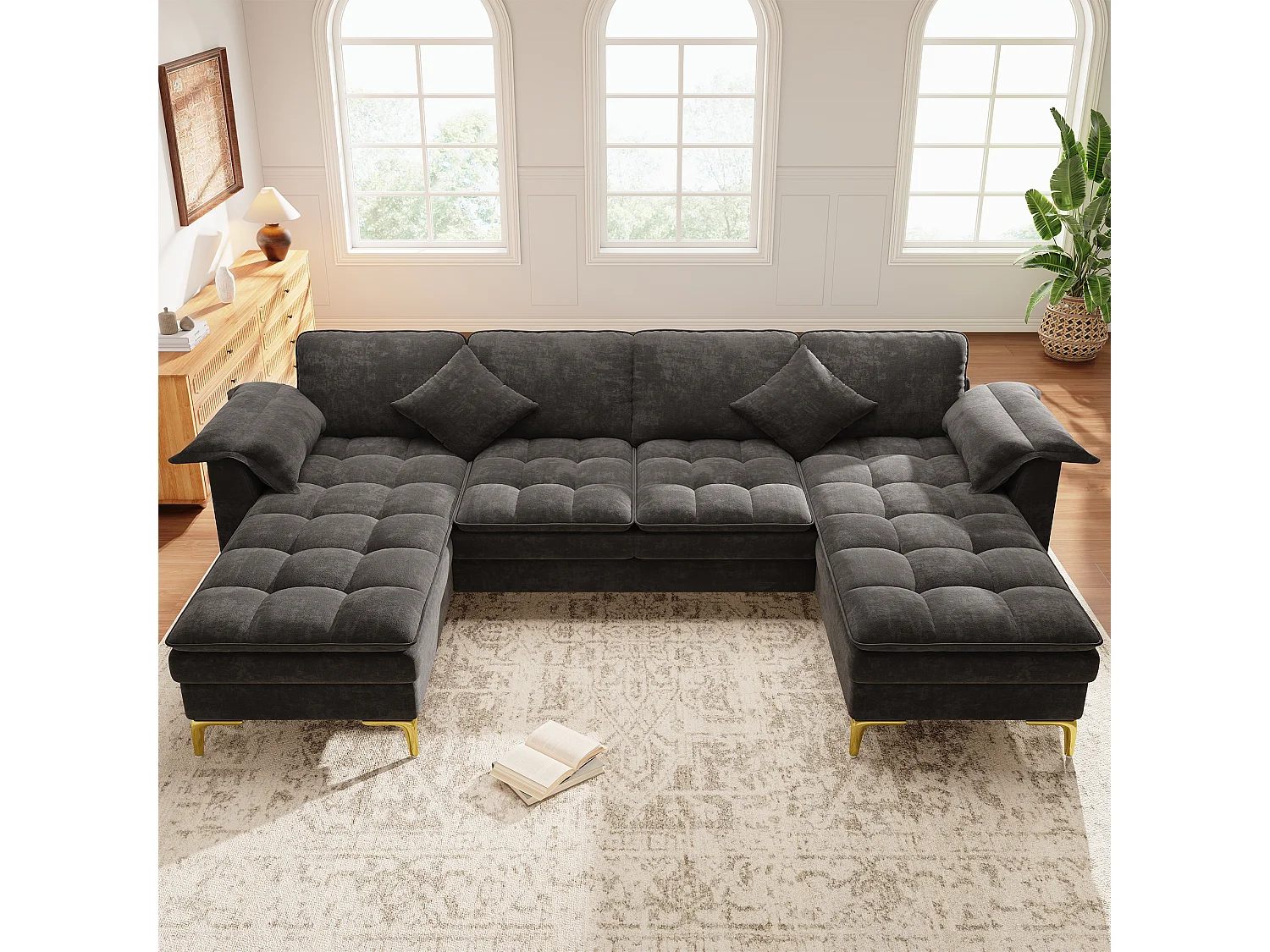 Modulares 6-Sitzer-Ecksofa (links/rechts) mit 2 Staufächern und zentraler Konsole mit USB-/Typ-C-Anschluss – Chenille – 316 x 140 x 84,5 cm – Grau