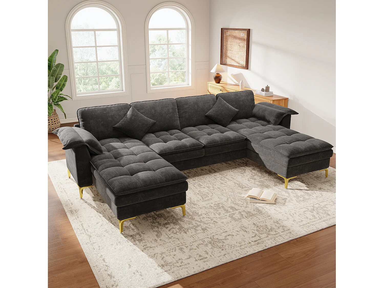 Modulares 6-Sitzer-Ecksofa (links/rechts) mit 2 Staufächern und zentraler Konsole mit USB-/Typ-C-Anschluss – Chenille – 316 x 140 x 84,5 cm – Grau