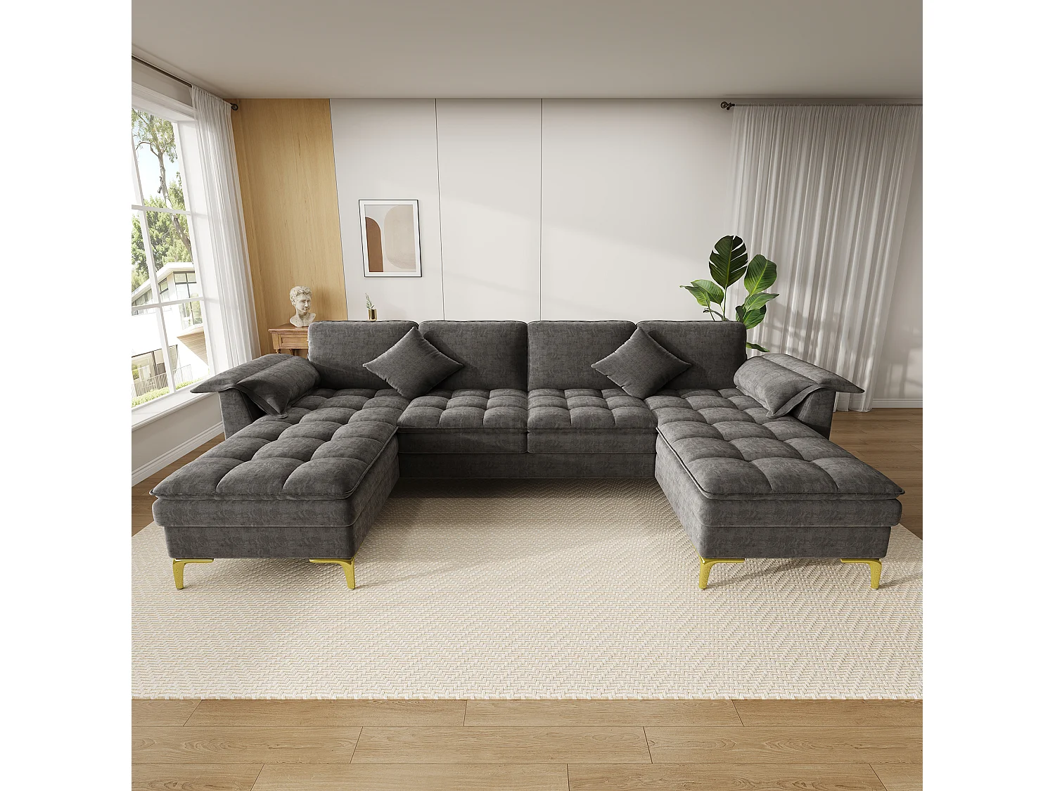 Modulares 6-Sitzer-Ecksofa (links/rechts) mit 2 Staufächern und zentraler Konsole mit USB-/Typ-C-Anschluss – Chenille – 316 x 140 x 84,5 cm – Grau