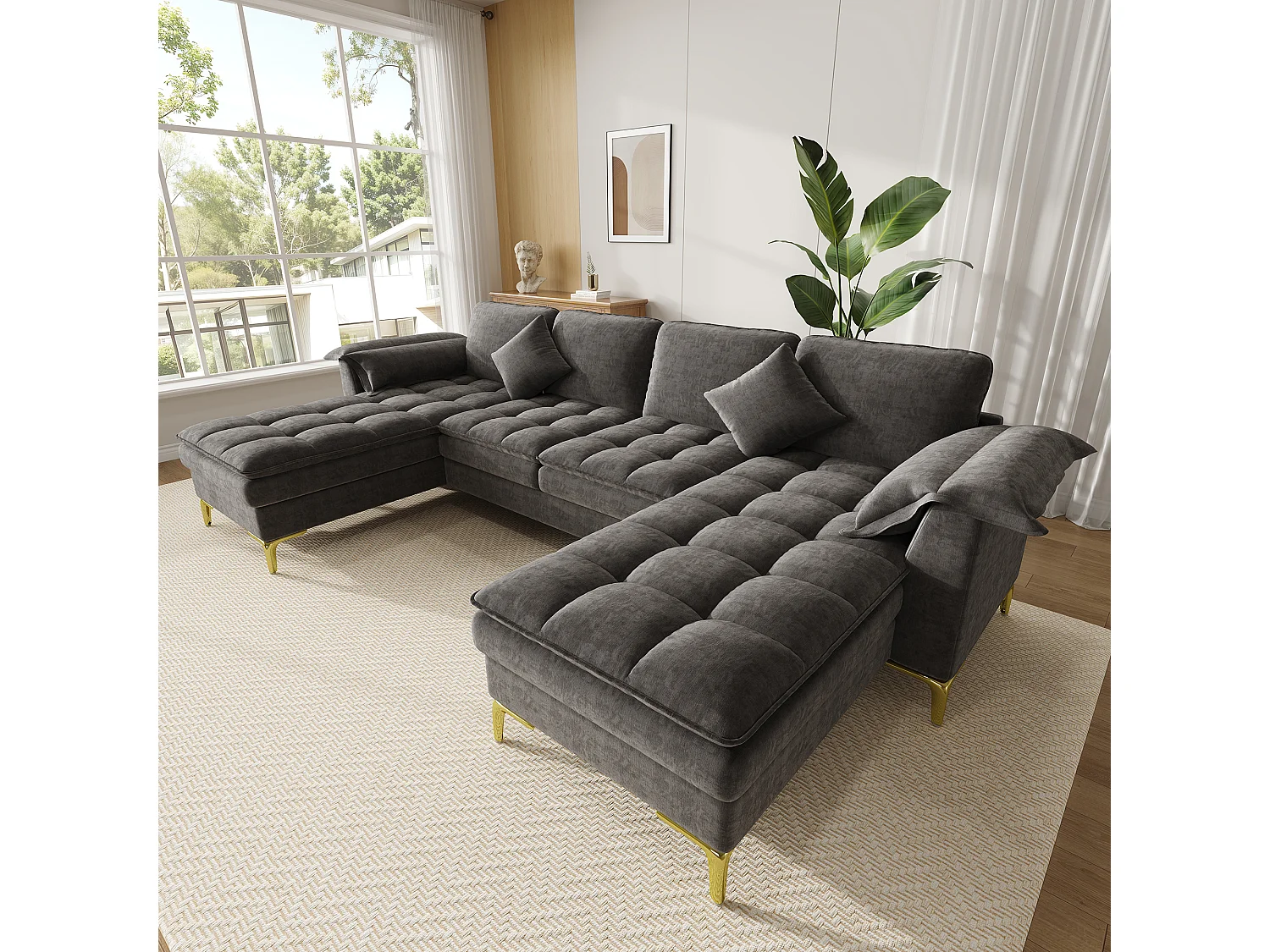 Modulares 6-Sitzer-Ecksofa (links/rechts) mit 2 Staufächern und zentraler Konsole mit USB-/Typ-C-Anschluss – Chenille – 316 x 140 x 84,5 cm – Grau