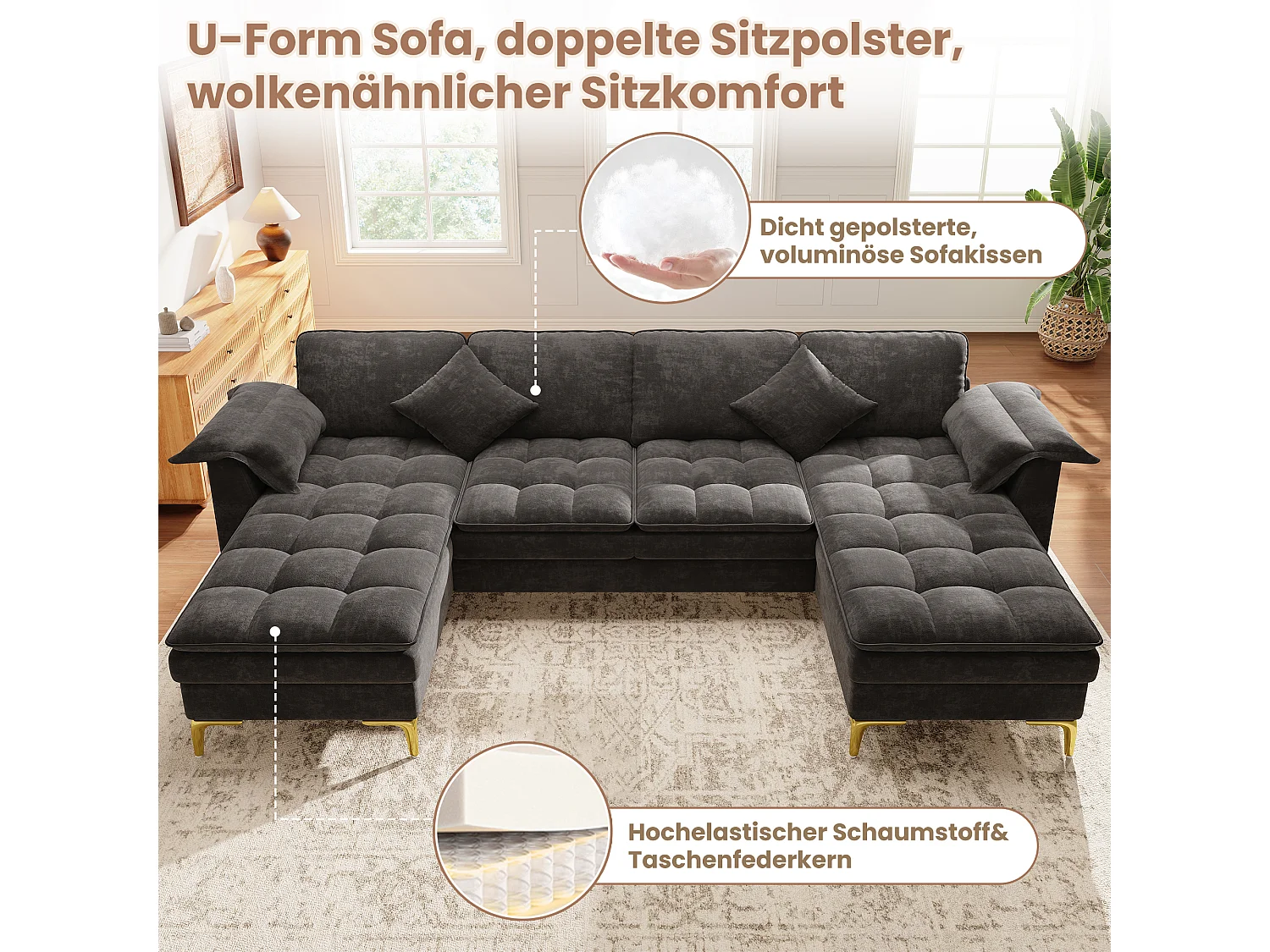 Modulares 6-Sitzer-Ecksofa (links/rechts) mit 2 Staufächern und zentraler Konsole mit USB-/Typ-C-Anschluss – Chenille – 316 x 140 x 84,5 cm – Grau