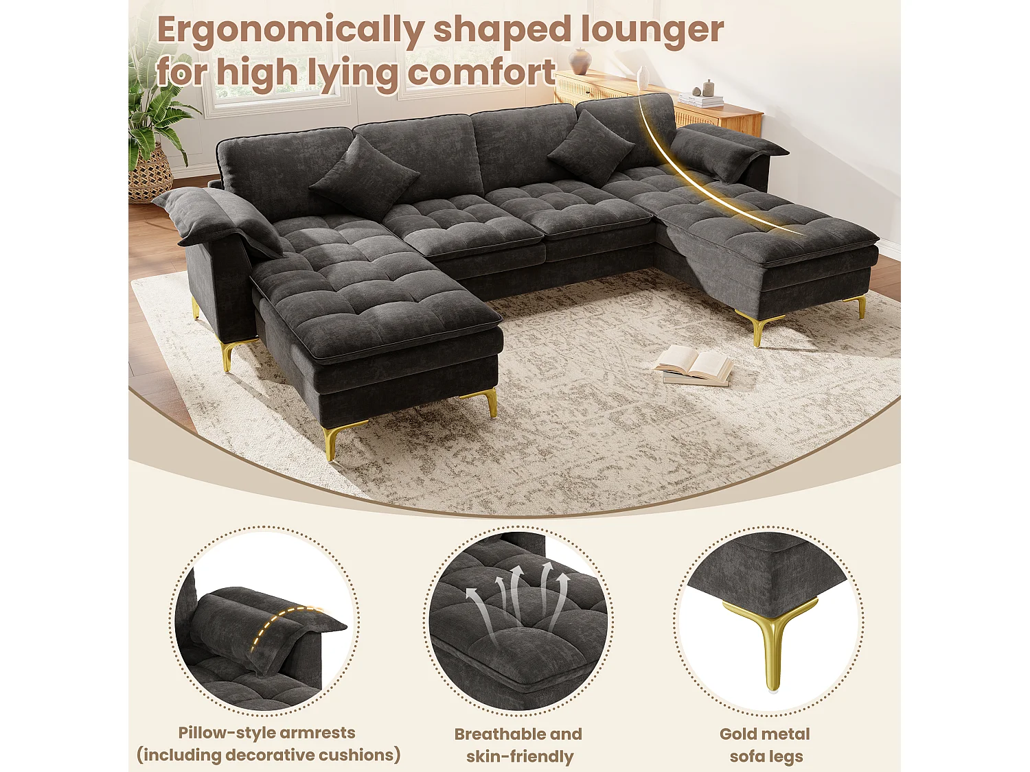 Modulares 6-Sitzer-Ecksofa (links/rechts) mit 2 Staufächern und zentraler Konsole mit USB-/Typ-C-Anschluss – Chenille – 316 x 140 x 84,5 cm – Grau