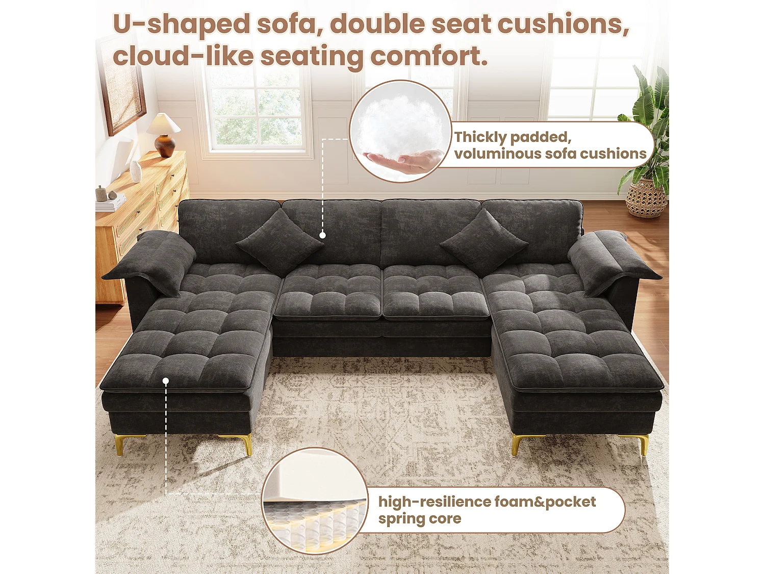 Modulares 6-Sitzer-Ecksofa (links/rechts) mit 2 Staufächern und zentraler Konsole mit USB-/Typ-C-Anschluss – Chenille – 316 x 140 x 84,5 cm – Grau